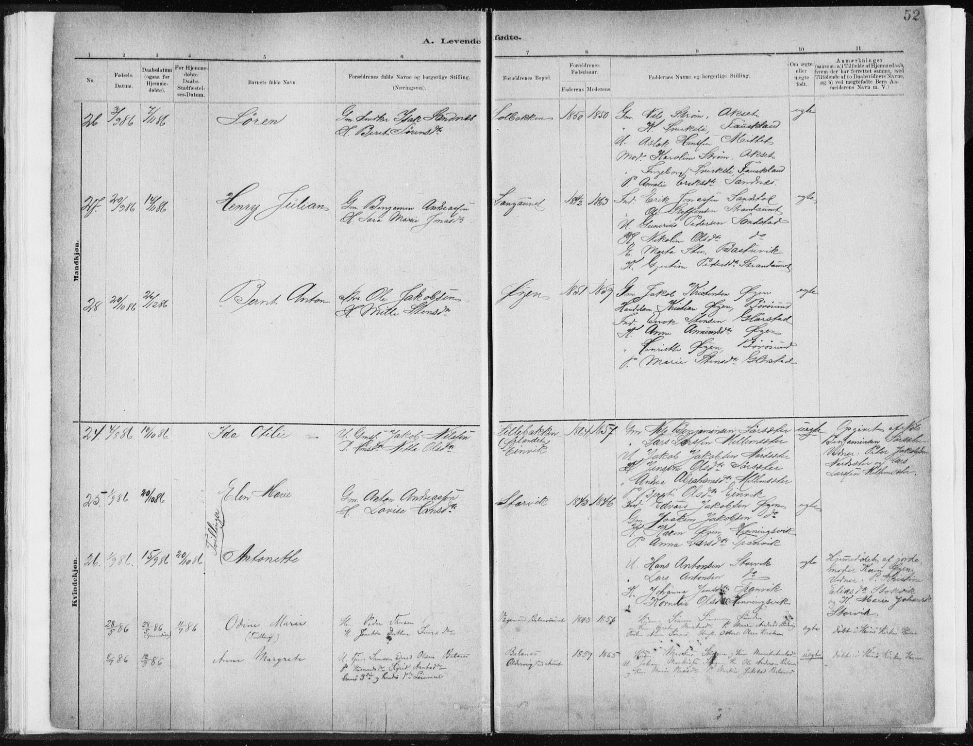 Ministerialprotokoller, klokkerbøker og fødselsregistre - Sør-Trøndelag, SAT/A-1456/637/L0558: Ministerialbok nr. 637A01, 1882-1899, s. 52