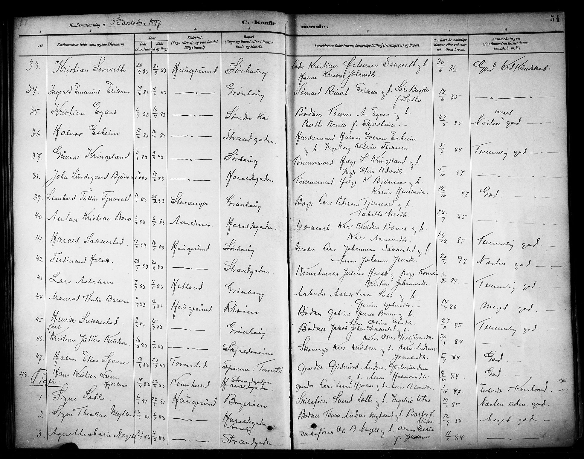 Haugesund sokneprestkontor, AV/SAST-A -101863/H/Ha/Haa/L0005: Ministerialbok nr. A 5, 1891-1903, s. 54