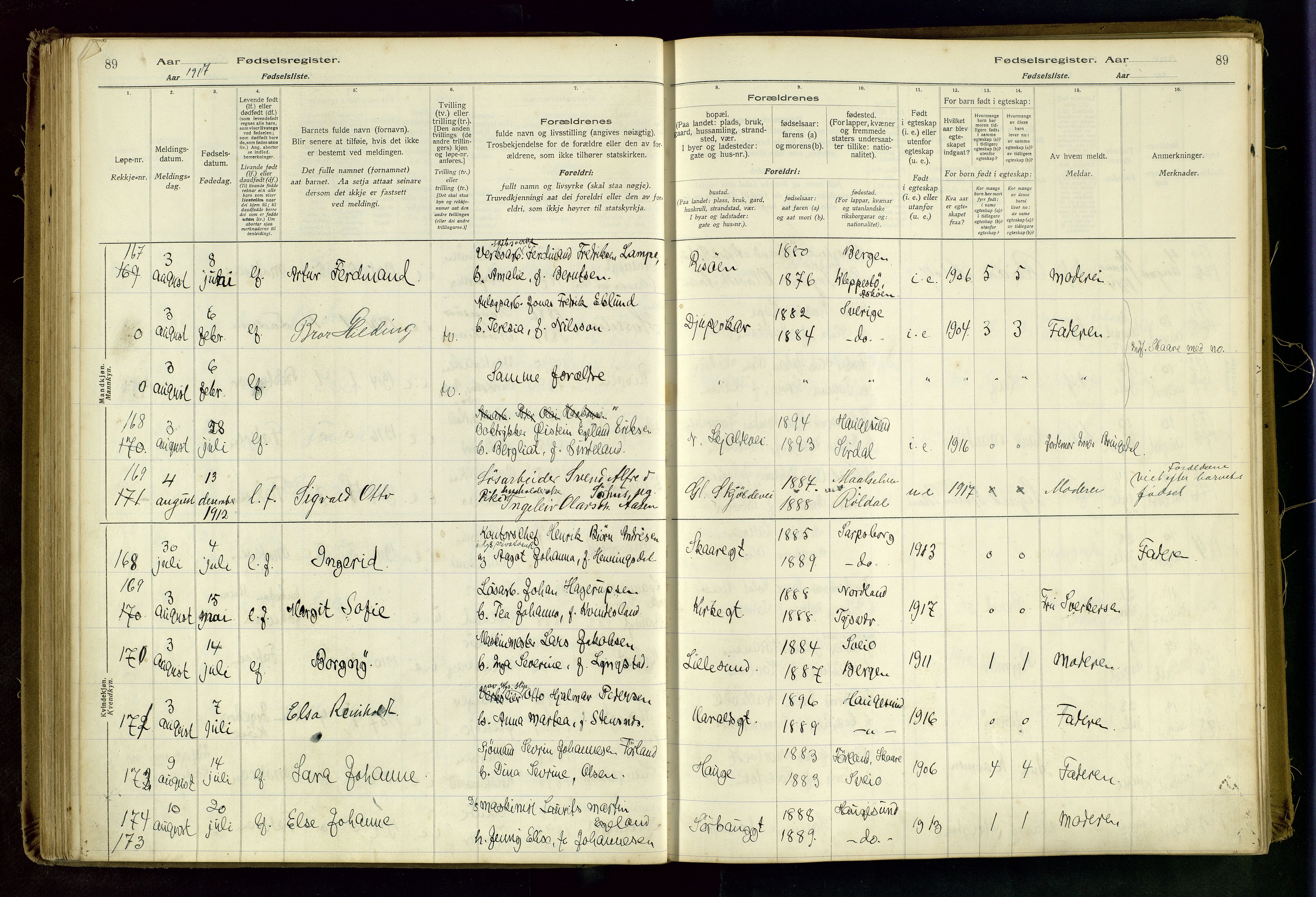 Haugesund sokneprestkontor, AV/SAST-A -101863/I/Id/L0003: Fødselsregister nr. 1, 1916-1919, s. 89