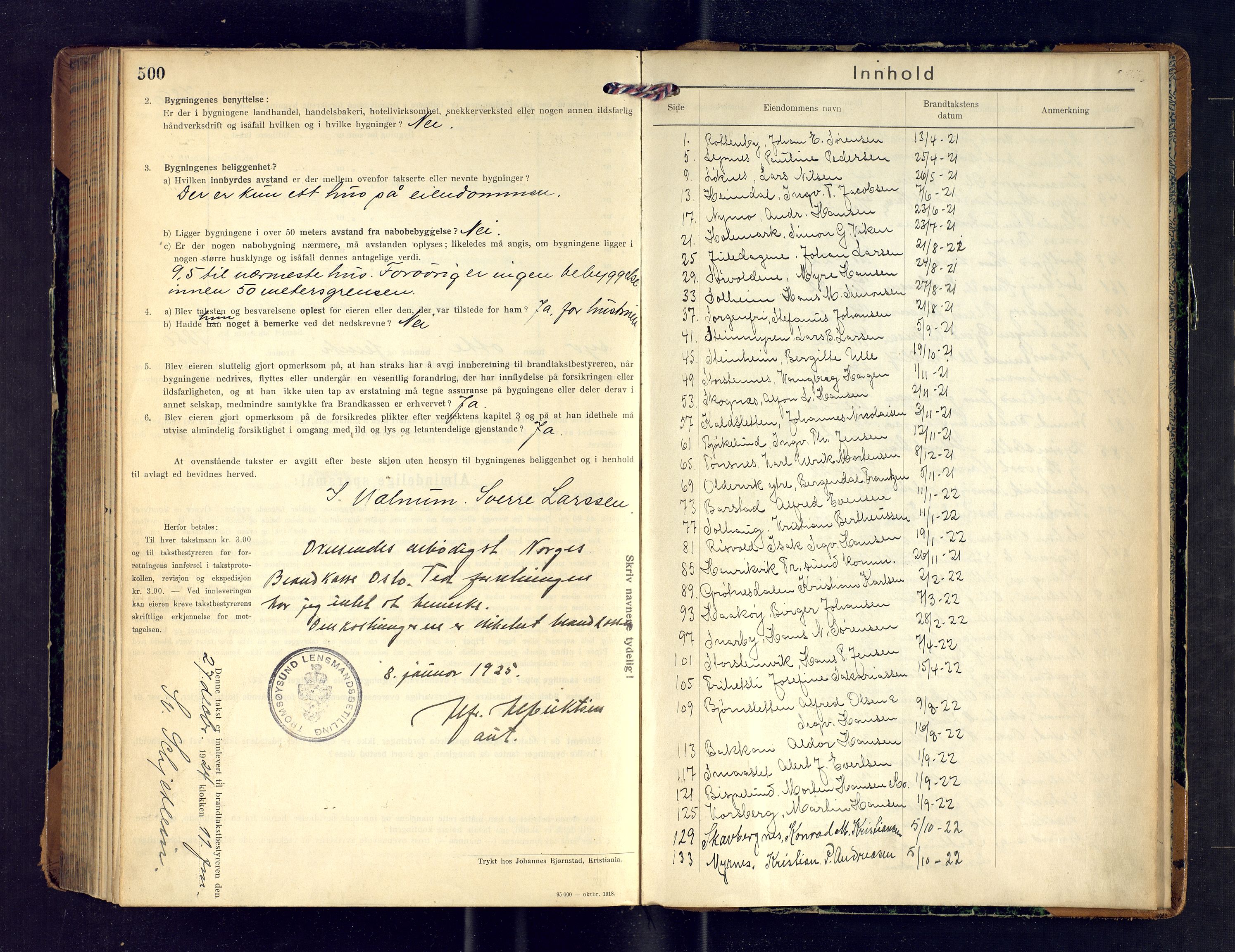 Tromsøysund lensmannskontor, SATØ/SATØ-12/F/Fs/Fsb/L0746: Branntakstprotokoll (S).  Med register, 1921-1924, s. 500-501