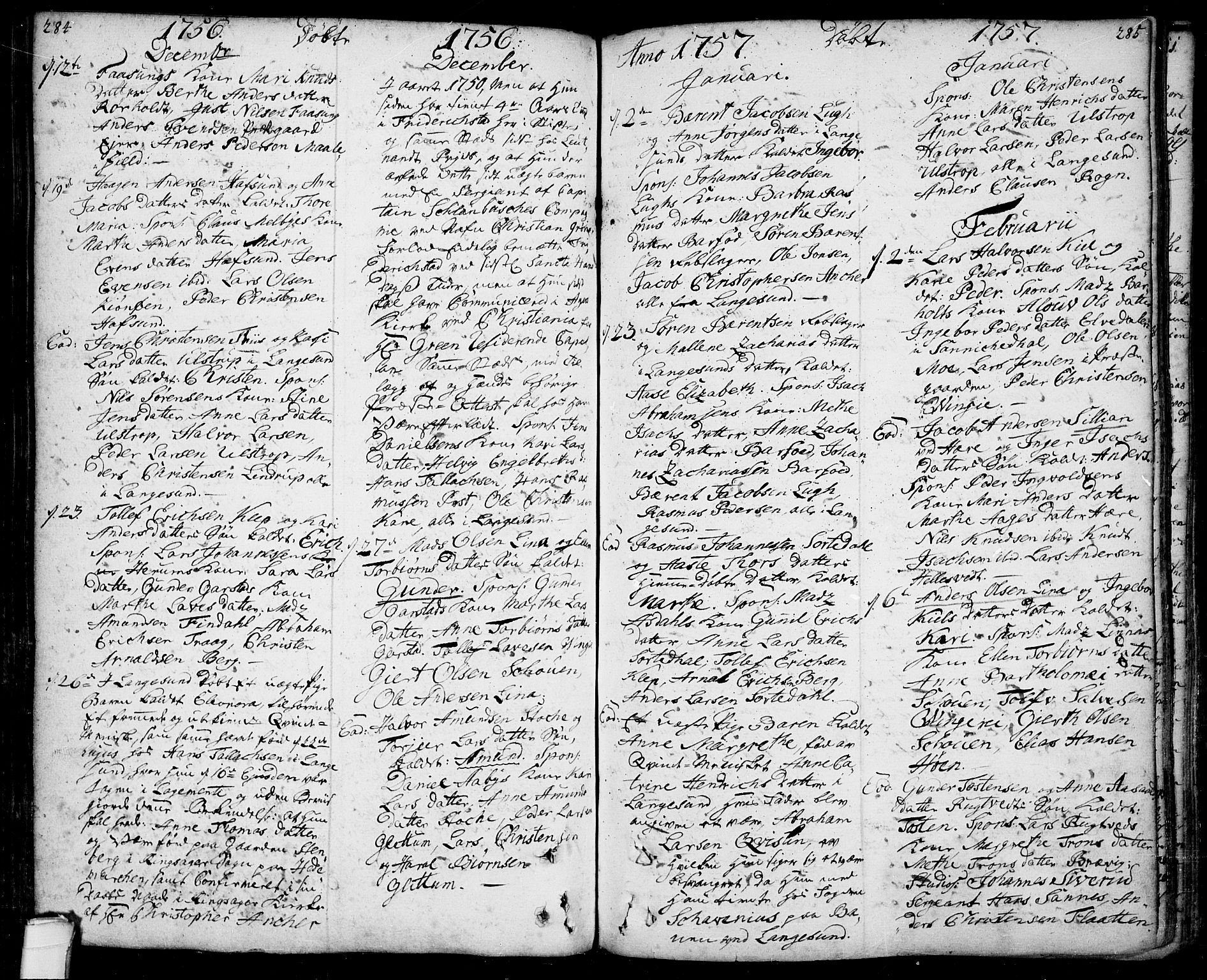Bamble kirkebøker, AV/SAKO-A-253/F/Fa/L0001: Ministerialbok nr. I 1, 1702-1774, s. 284-285