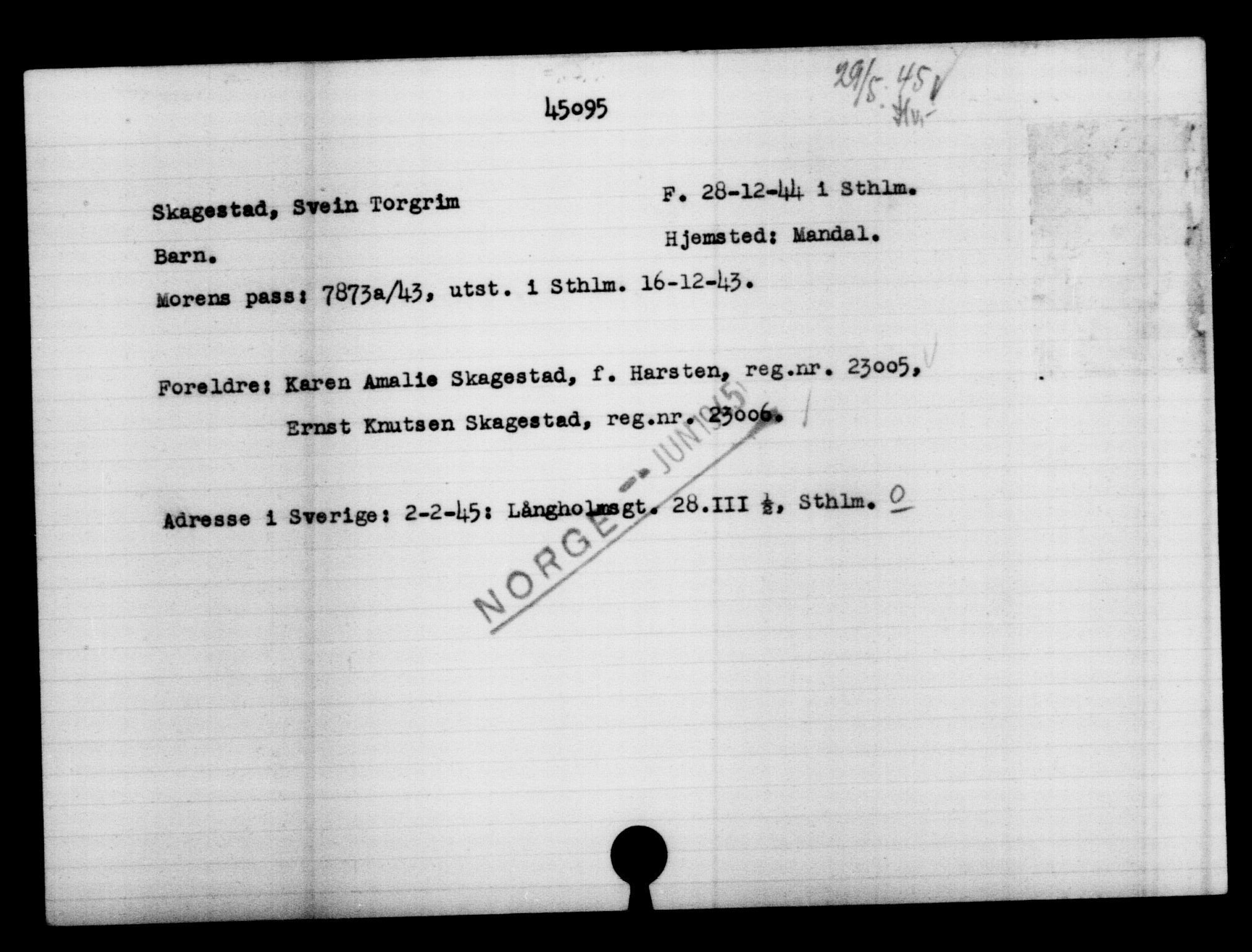 Utenriksstasjonene, Legasjonen i Stockholm, Flyktningkontoret, AV/RA-S-6753/V/Va/L0017: Kjesäterkartoteket, flyktninger med registreringsnr. 43400-46318, 1940-1945, s. 1772