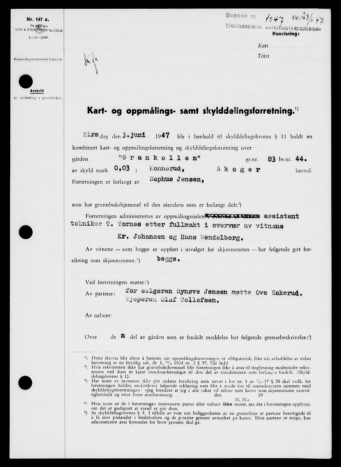 Holmestrand sorenskriveri, SAKO/A-67/G/Ga/Gaa/L0062: Pantebok nr. A-62, 1947-1947, Dagboknr: 1047/1947