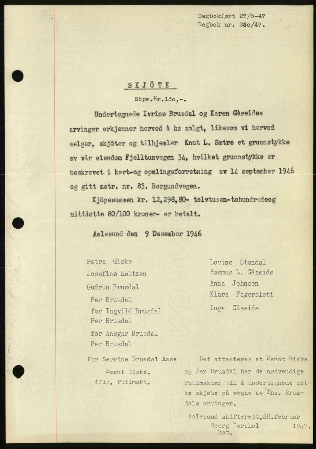 Ålesund byfogd, AV/SAT-A-4384: Pantebok nr. 37A (1), 1947-1949, Dagboknr: 230/1947