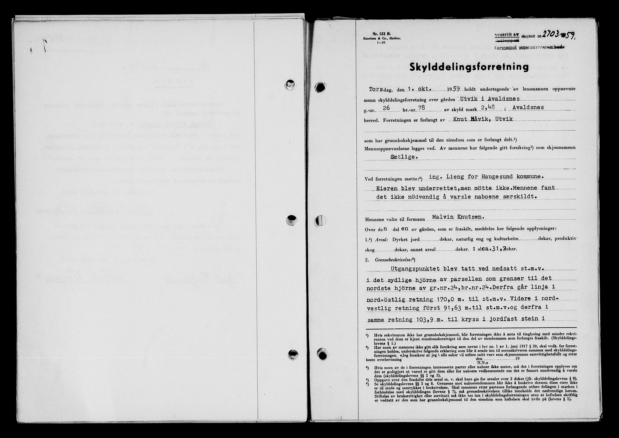 Karmsund sorenskriveri, SAST/A-100311/01/II/IIB/L0132: Pantebok nr. 112A, 1959-1959, Dagboknr: 2703/1959