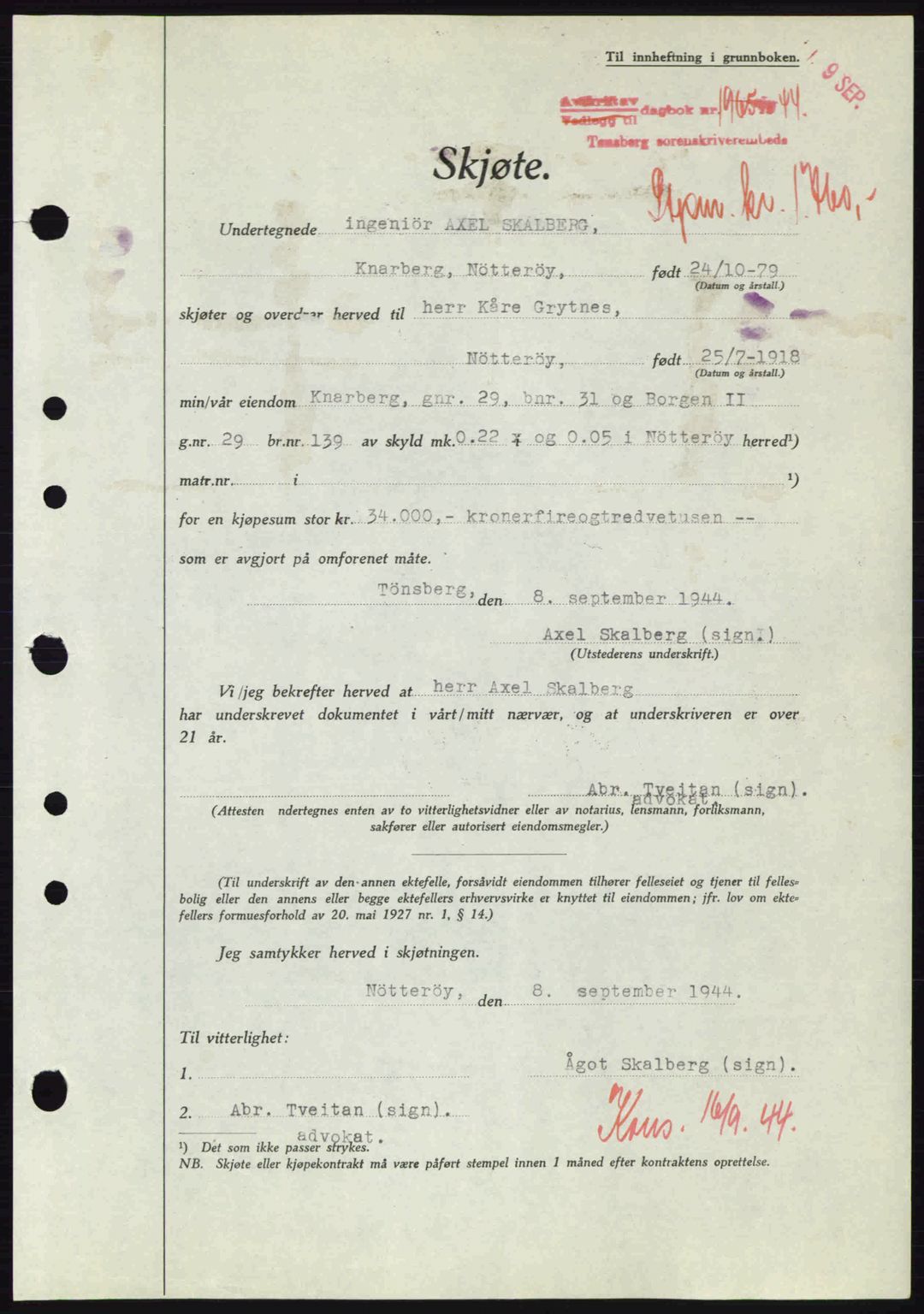 Tønsberg sorenskriveri, AV/SAKO-A-130/G/Ga/Gaa/L0016: Pantebok nr. A16, 1944-1945, Dagboknr: 1965/1944