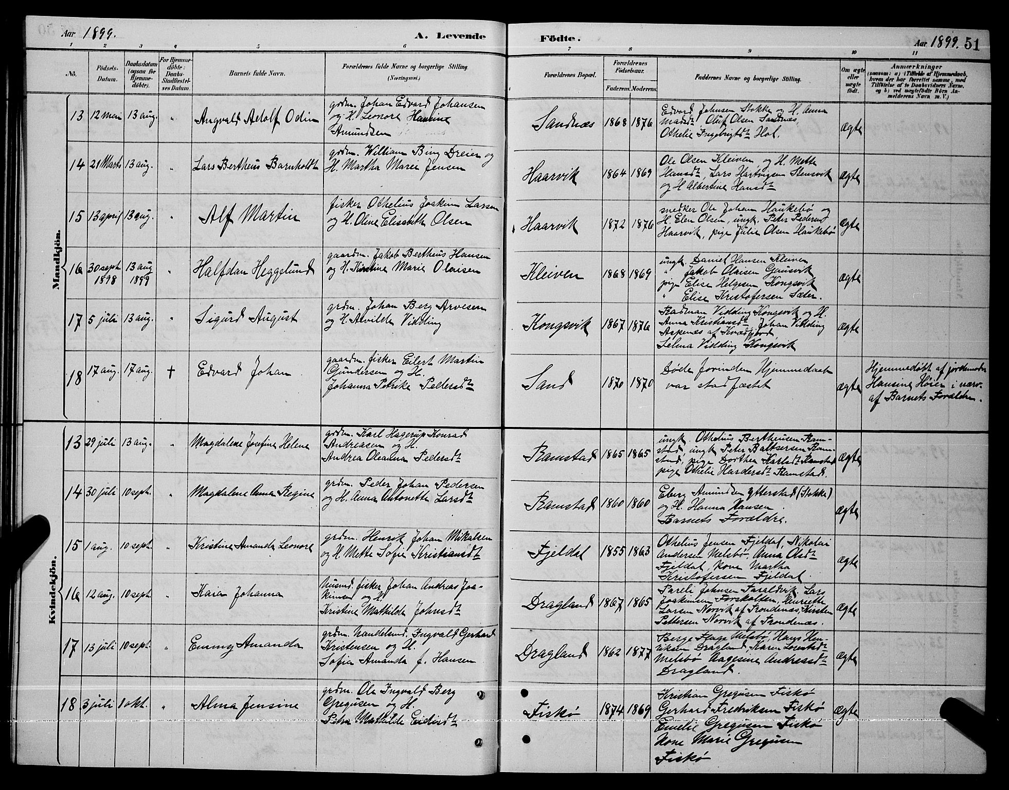 Ministerialprotokoller, klokkerbøker og fødselsregistre - Nordland, AV/SAT-A-1459/865/L0931: Klokkerbok nr. 865C03, 1885-1901, s. 51