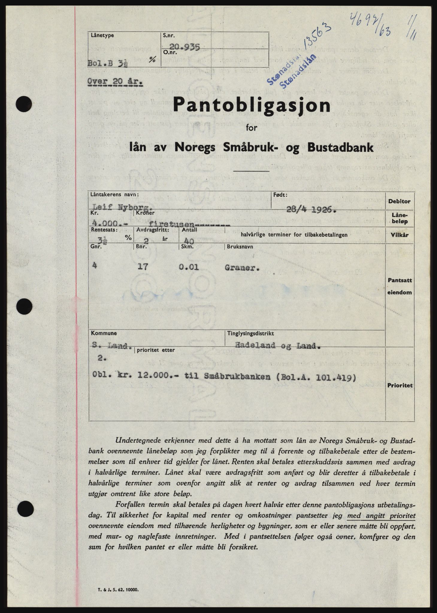 Hadeland og Land tingrett, SAH/TING-010/H/Hb/Hbc/L0053: Pantebok nr. B53, 1963-1964, Dagboknr: 4697/1963