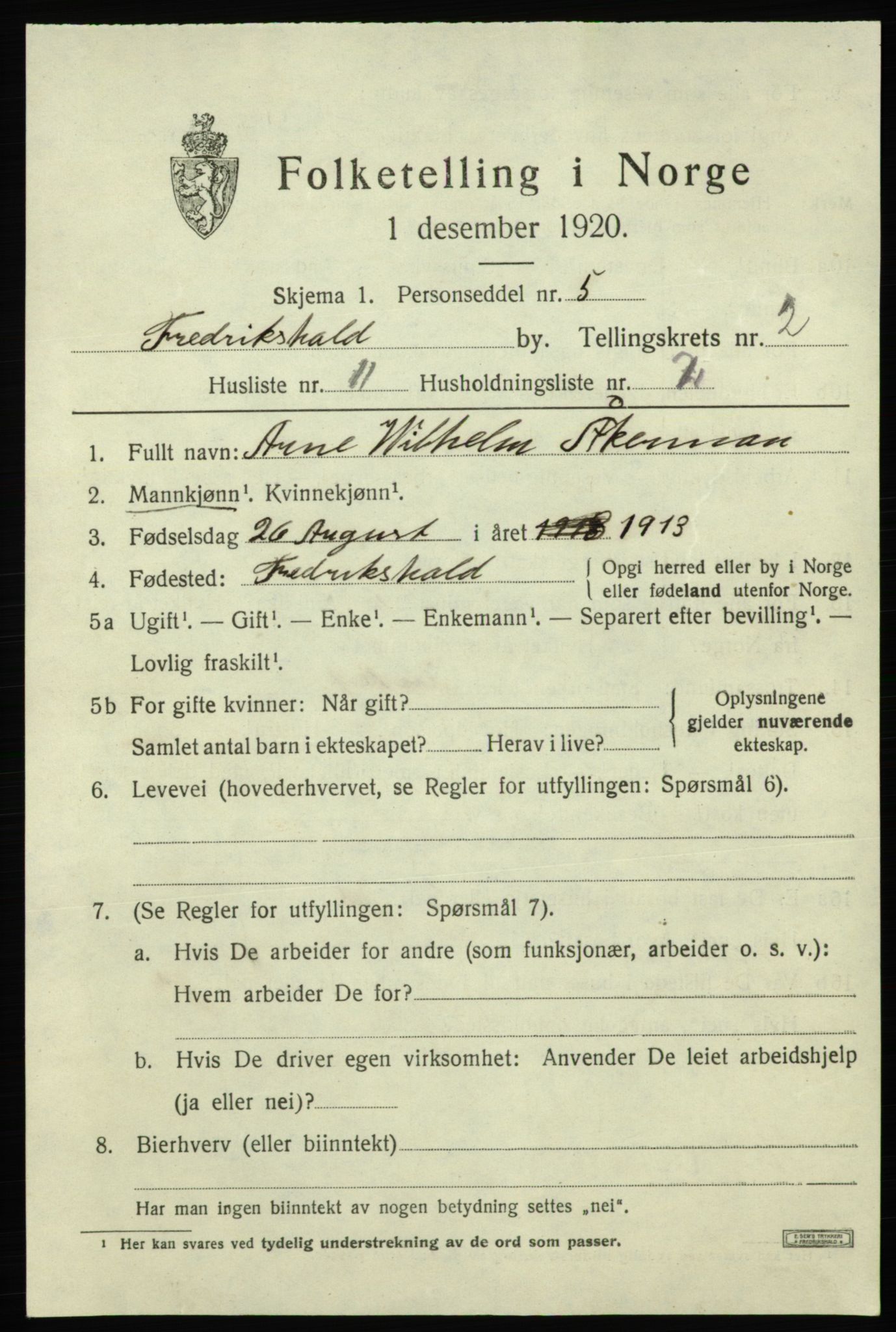 SAO, Folketelling 1920 for 0101 Fredrikshald kjøpstad, 1920, s. 9464