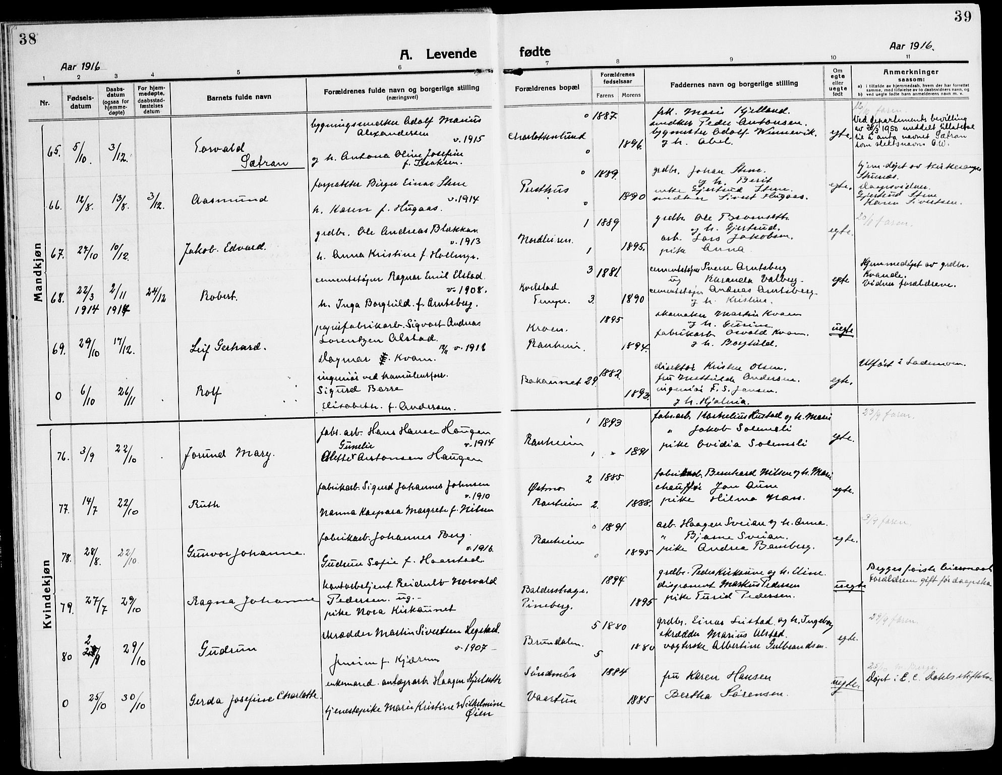 Ministerialprotokoller, klokkerbøker og fødselsregistre - Sør-Trøndelag, SAT/A-1456/607/L0321: Ministerialbok nr. 607A05, 1916-1935, s. 38-39