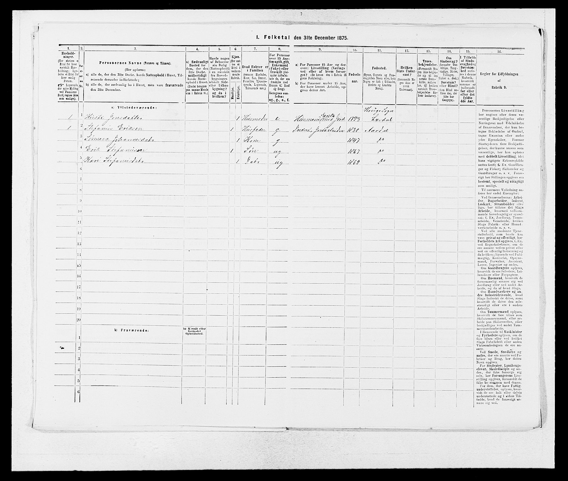 SAB, Folketelling 1875 for 1424P Årdal prestegjeld, 1875, s. 189