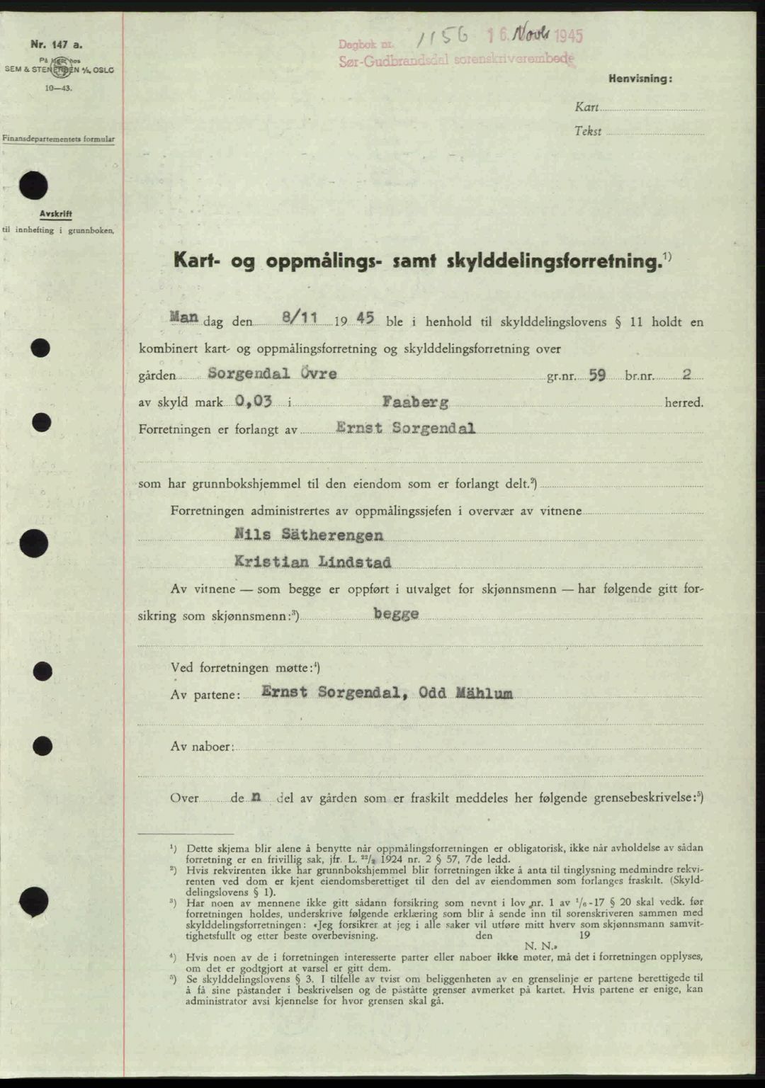 Sør-Gudbrandsdal tingrett, SAH/TING-004/H/Hb/Hbd/L0015: Pantebok nr. A15, 1945-1946, Dagboknr: 1156/1945