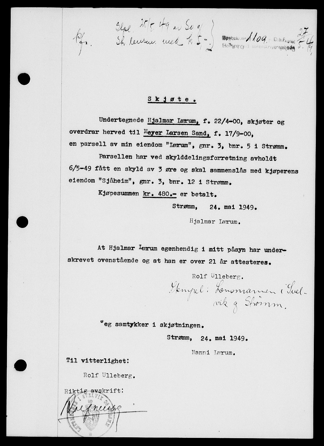 Holmestrand sorenskriveri, SAKO/A-67/G/Ga/Gaa/L0066: Pantebok nr. A-66, 1949-1949, Dagboknr: 1109/1949