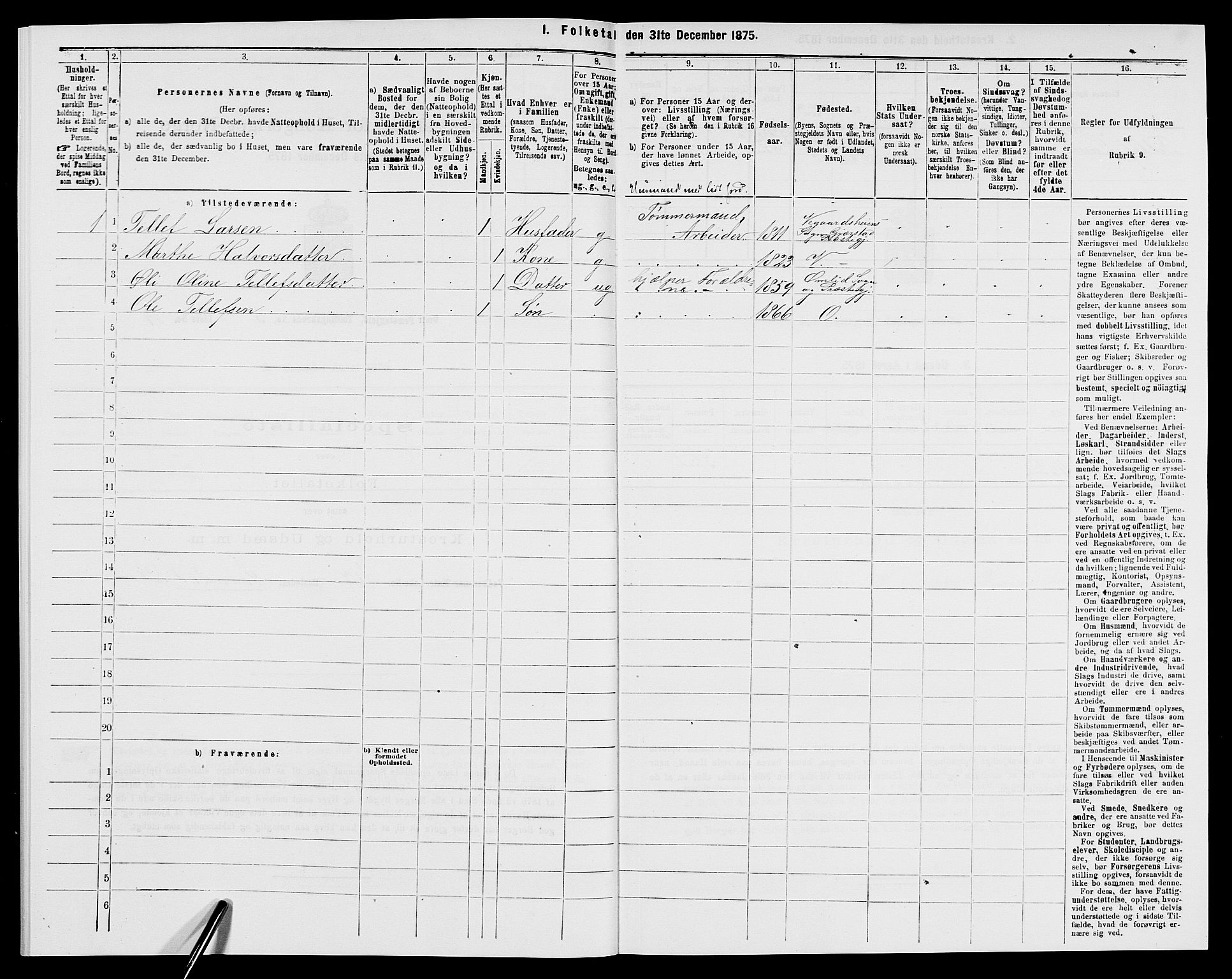 SAK, Folketelling 1875 for 0929P Åmli prestegjeld, 1875, s. 423