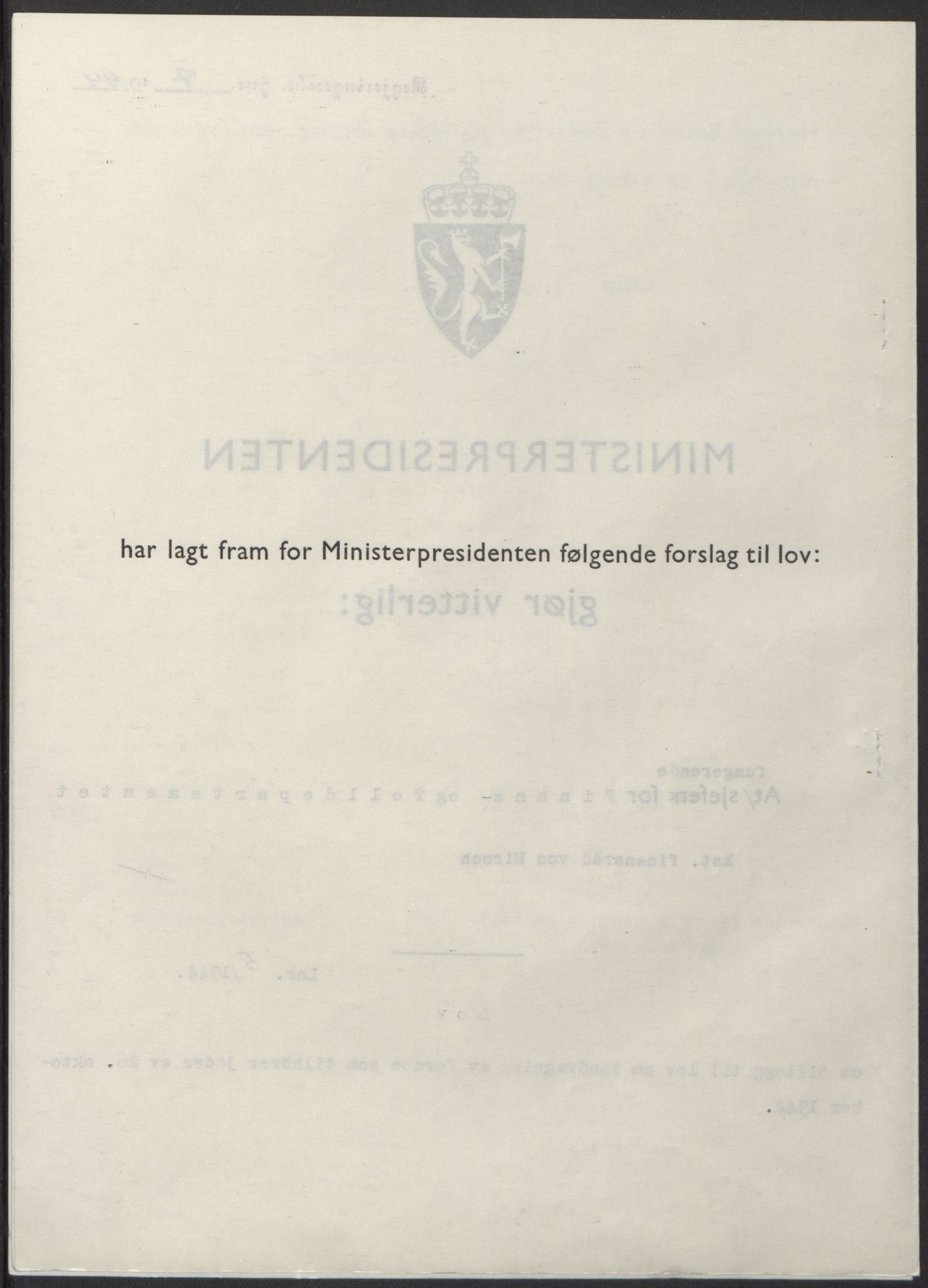 NS-administrasjonen 1940-1945 (Statsrådsekretariatet, de kommisariske statsråder mm), RA/S-4279/D/Db/L0100: Lover, 1944, s. 22
