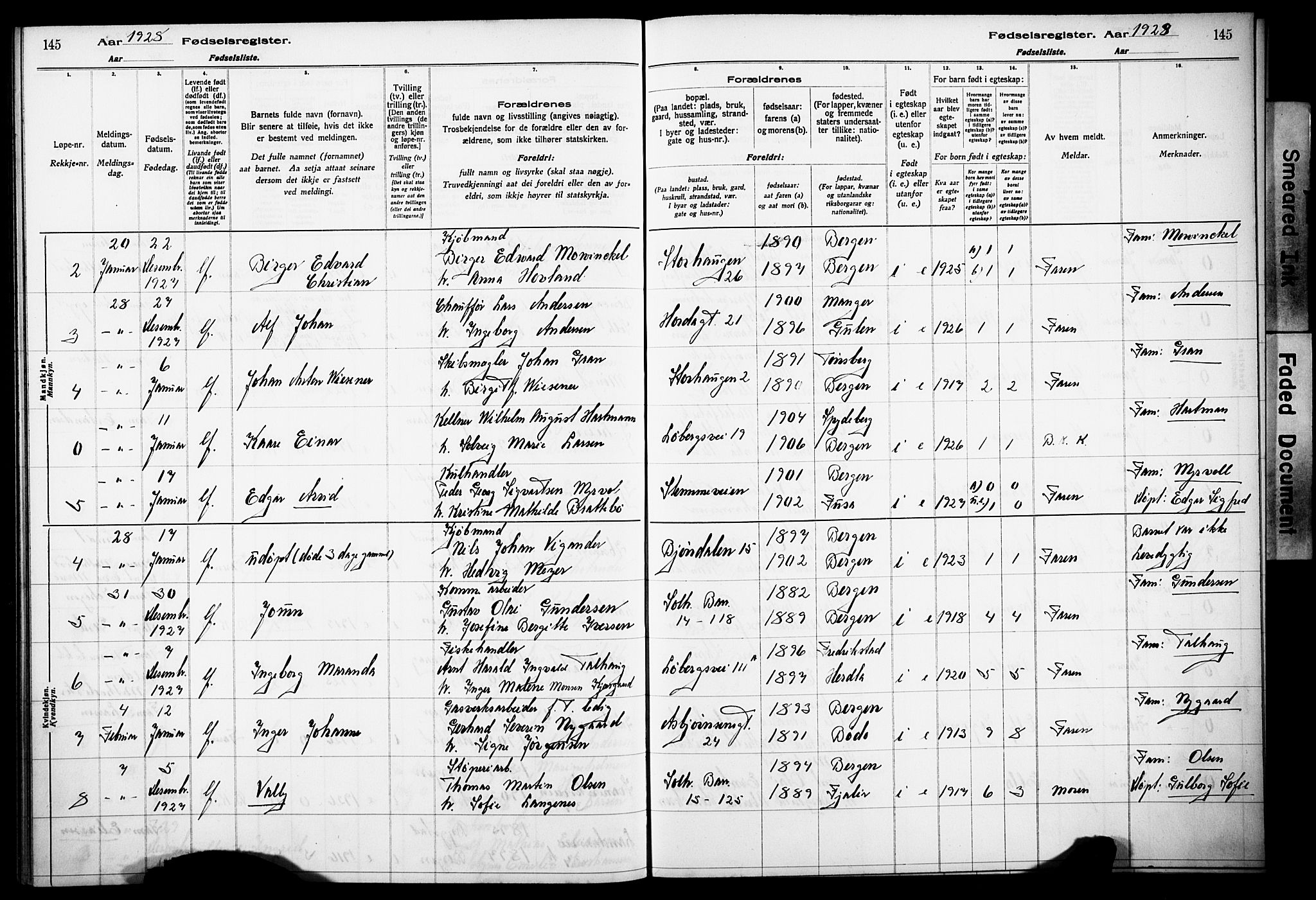 Årstad Sokneprestembete, AV/SAB-A-79301/I/Id/L0A03: Fødselsregister nr. A 3, 1924-1929, s. 145