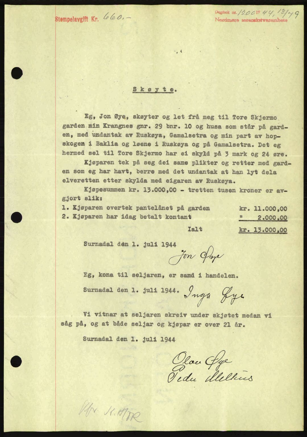 Nordmøre sorenskriveri, AV/SAT-A-4132/1/2/2Ca: Pantebok nr. A98, 1944-1944, Dagboknr: 1200/1944