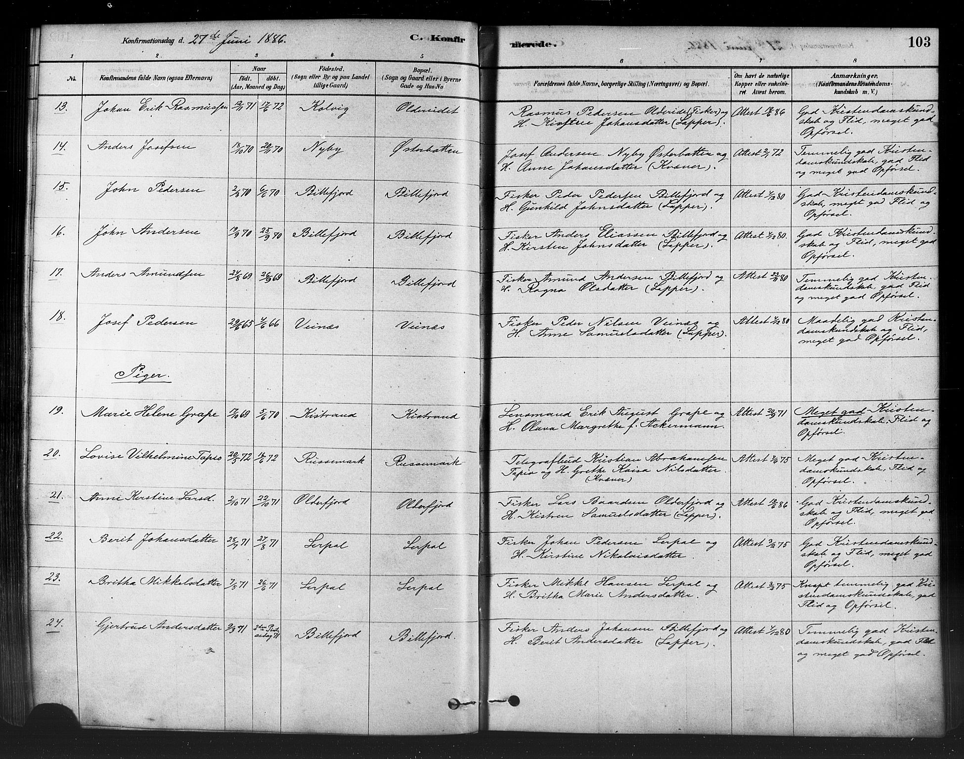 Kistrand/Porsanger sokneprestembete, AV/SATØ-S-1351/H/Ha/L0007.kirke: Ministerialbok nr. 7, 1881-1889, s. 103