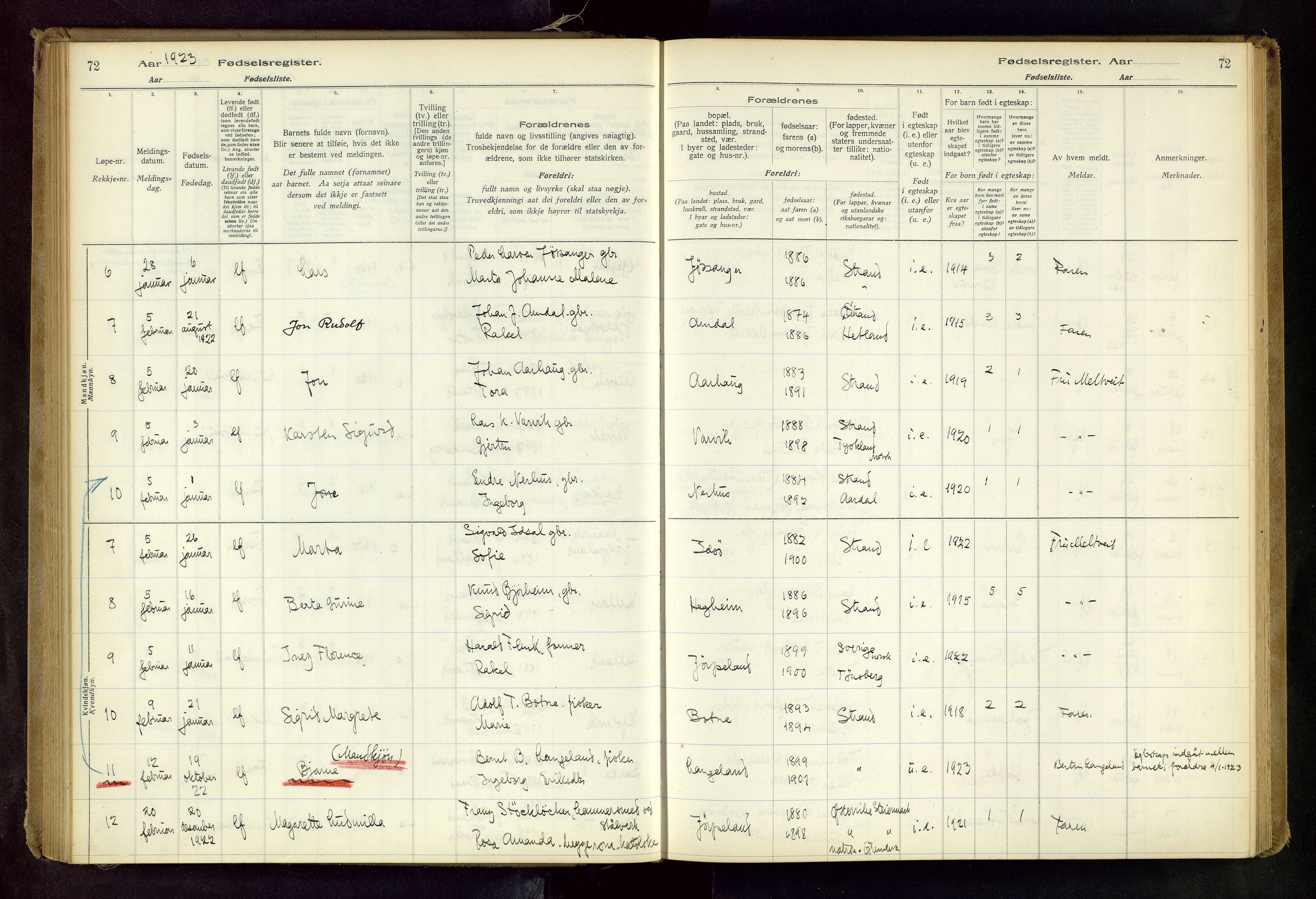 Strand sokneprestkontor, SAST/A-101828/I/Id/L0001: Fødselsregister nr. 1, 1916-1938, s. 72