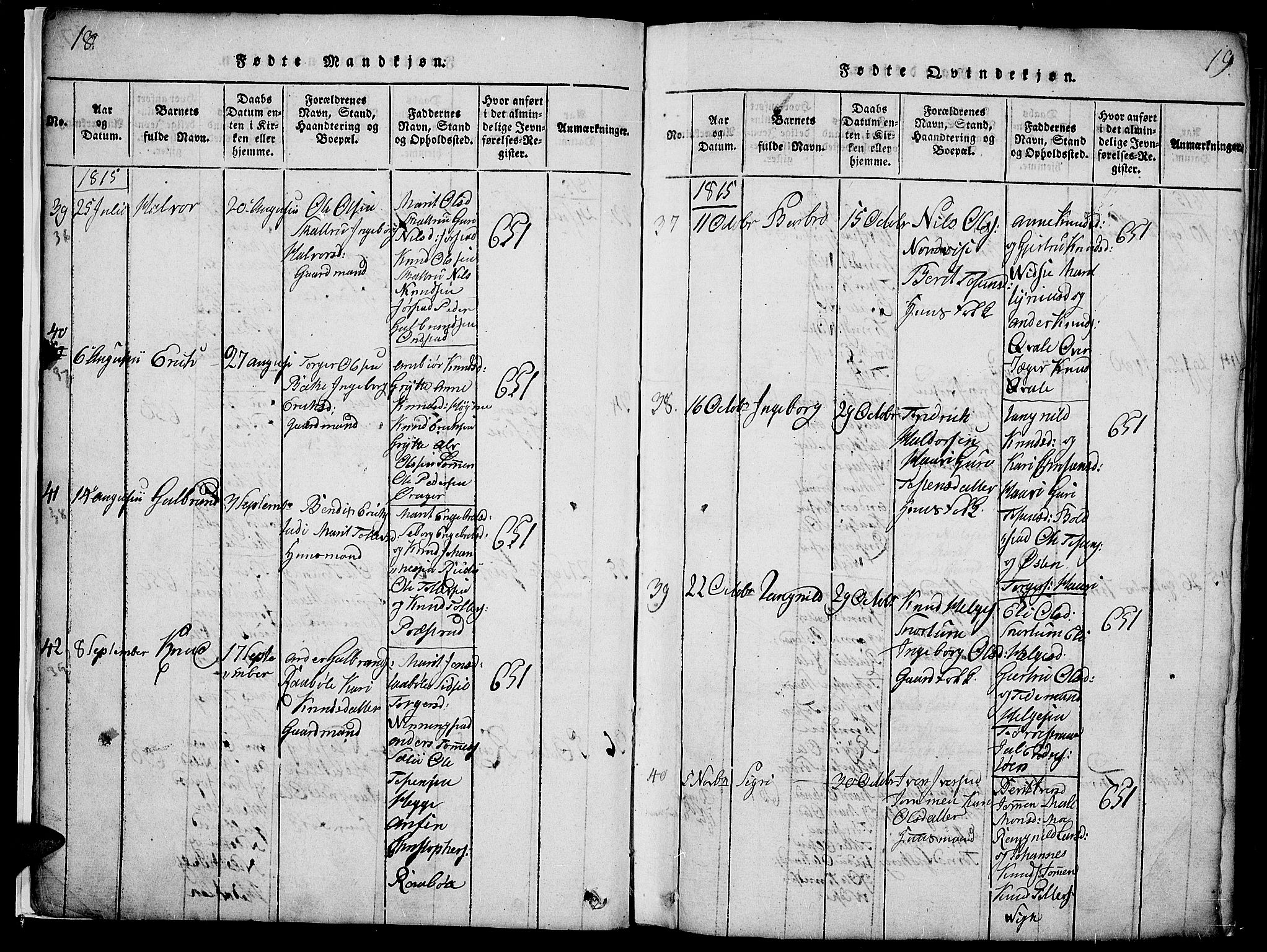 Slidre prestekontor, AV/SAH-PREST-134/H/Ha/Haa/L0002: Ministerialbok nr. 2, 1814-1830, s. 18-19