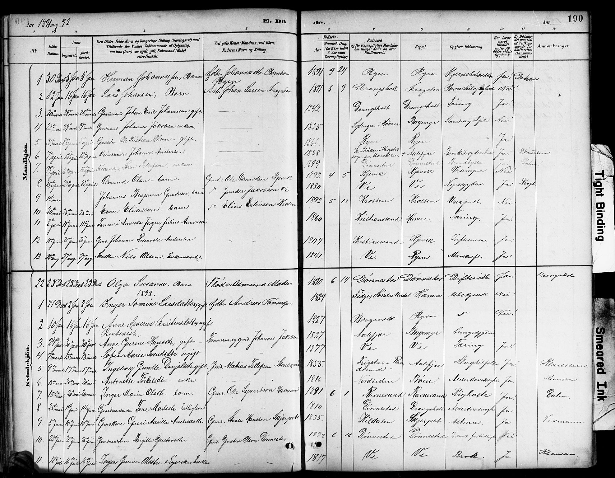 Tveit sokneprestkontor, AV/SAK-1111-0043/F/Fb/L0004: Klokkerbok nr. B 4, 1887-1914, s. 190