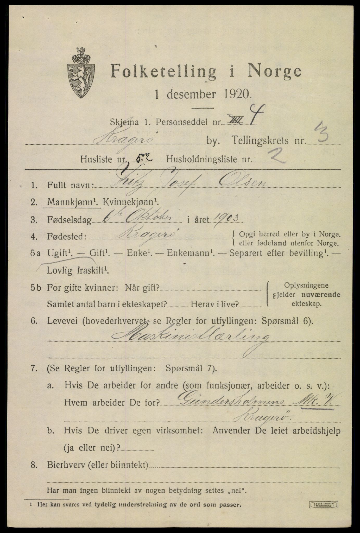 SAKO, Folketelling 1920 for 0801 Kragerø kjøpstad, 1920, s. 7673