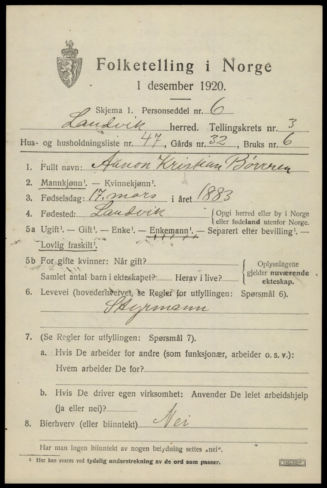 SAK, Folketelling 1920 for 0924 Landvik herred, 1920, s. 3352