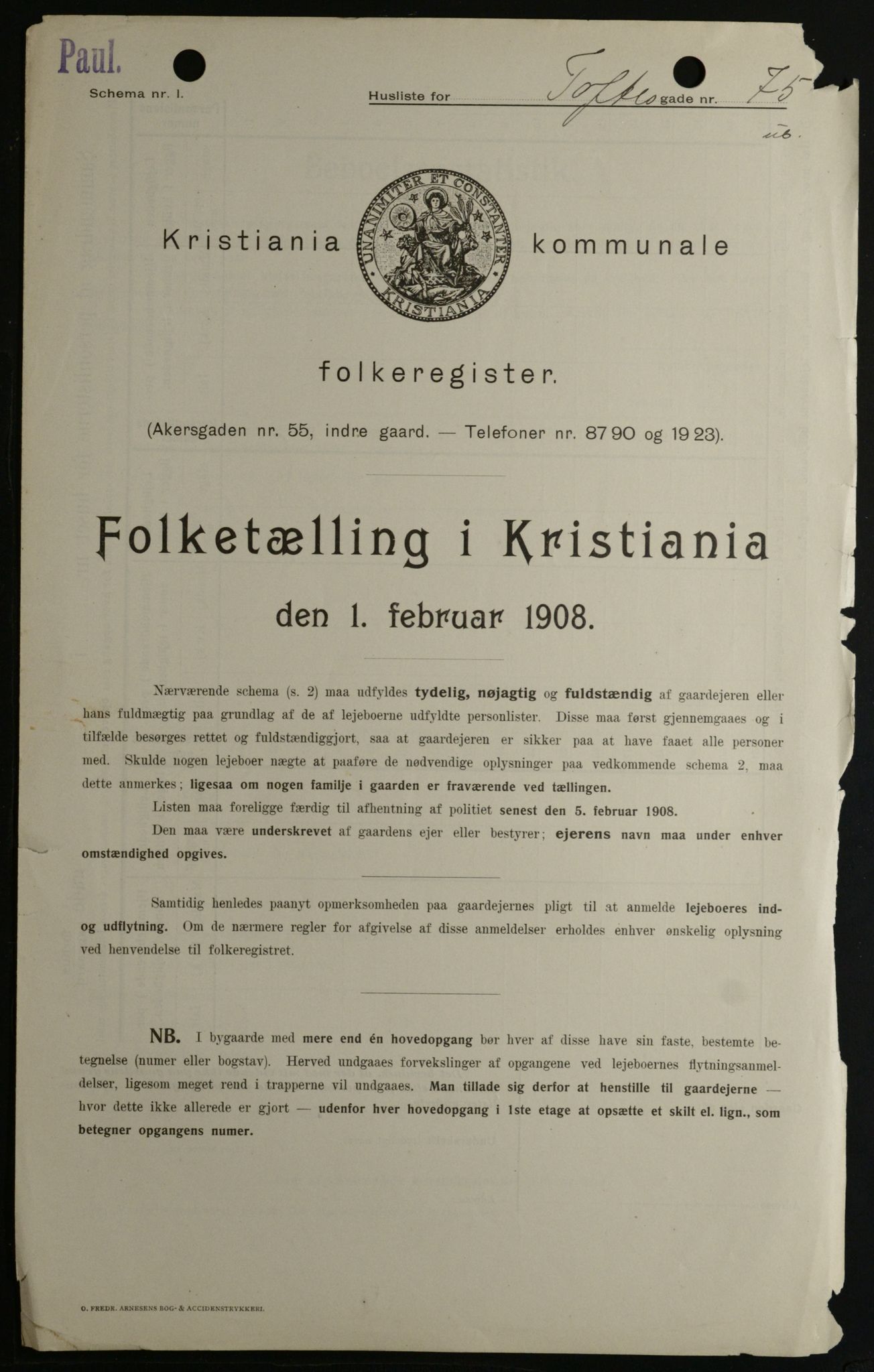 OBA, Kommunal folketelling 1.2.1908 for Kristiania kjøpstad, 1908, s. 101644