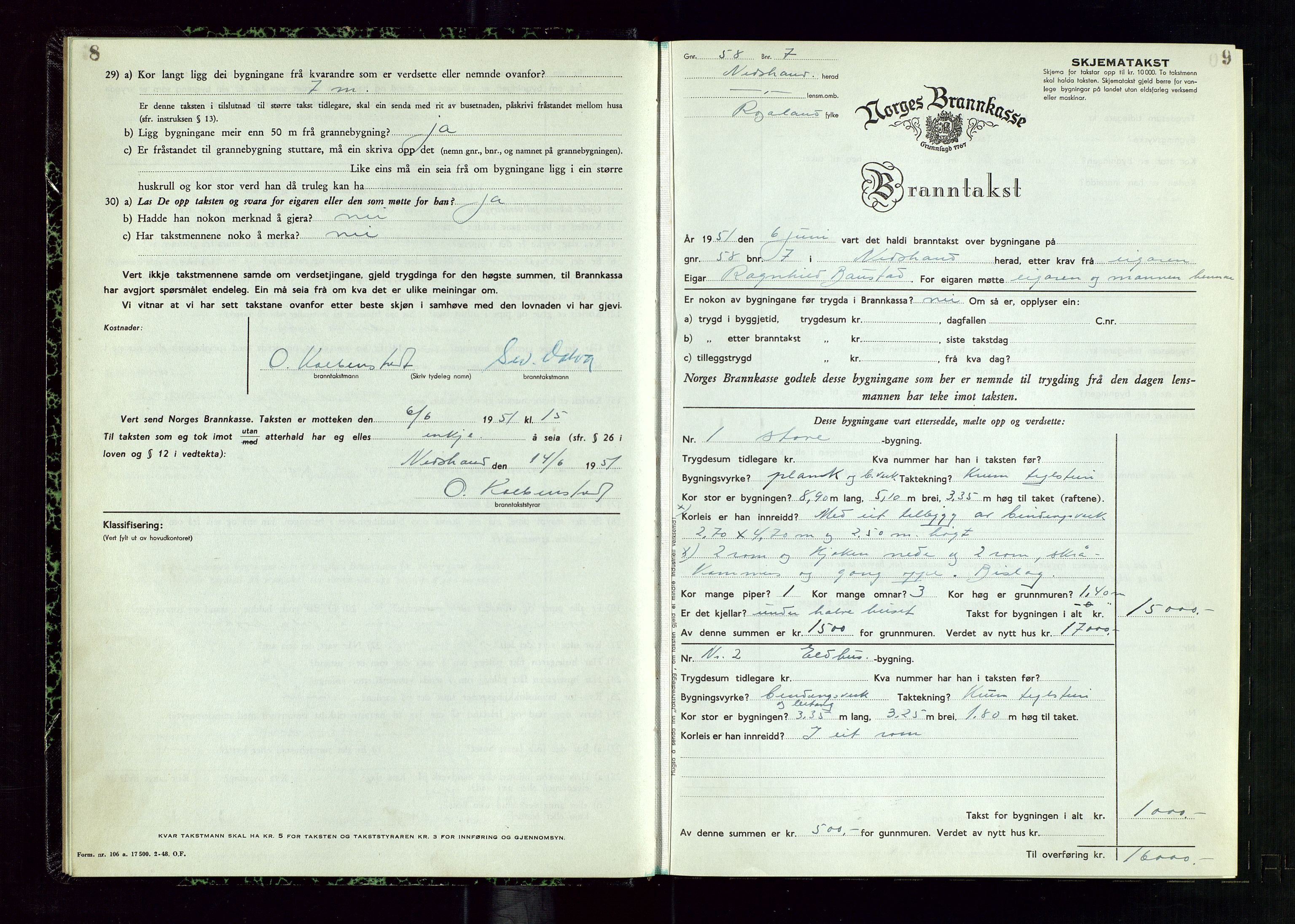 Nedstrand lensmannskontor, AV/SAST-A-100236/Gob/L0003: "Branntakstprotokoll", 1950-1954, s. 8-9