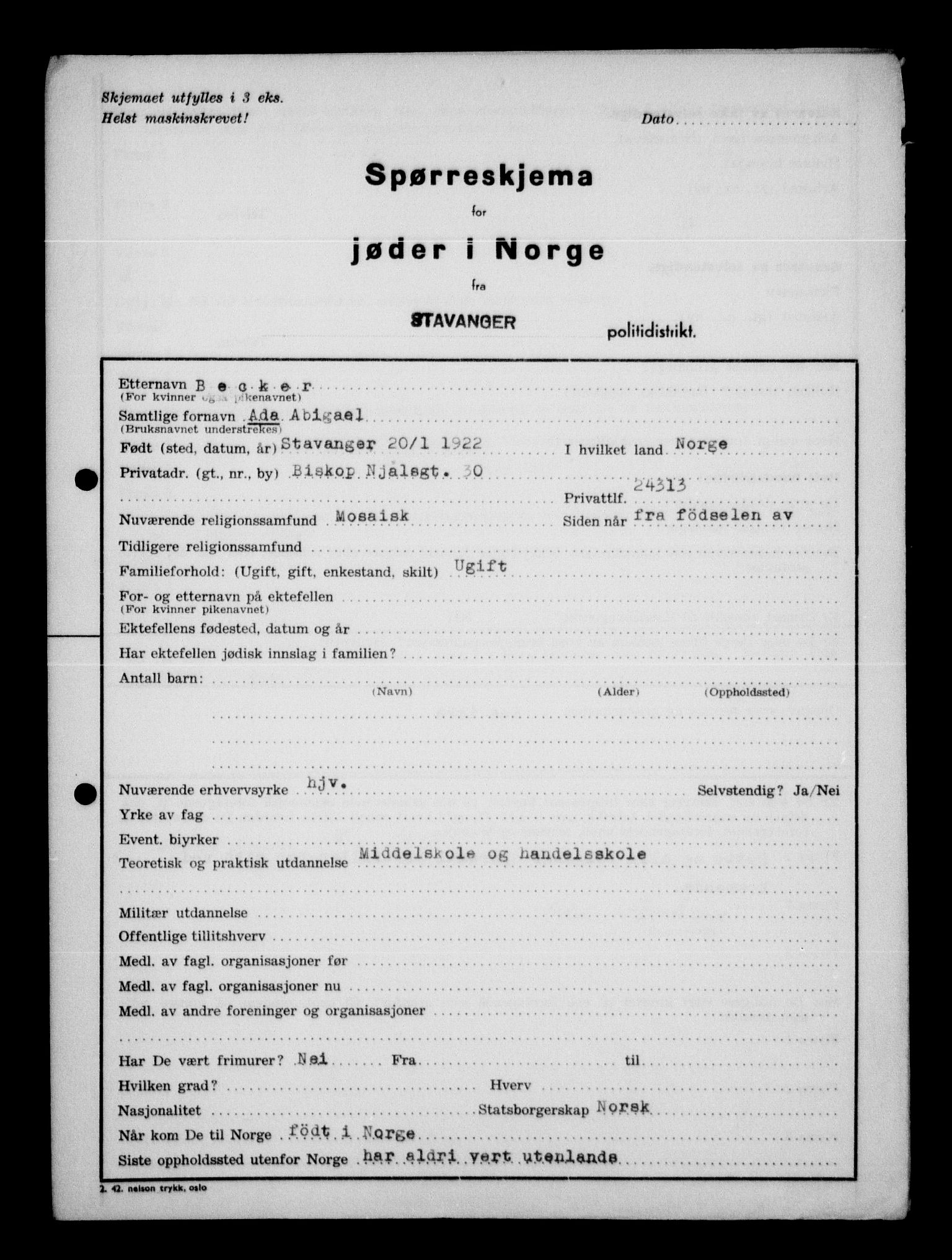 Statspolitiet - Hovedkontoret / Osloavdelingen, AV/RA-S-1329/G/Ga/L0013: Spørreskjema for jøder i Norge. 1: Sandefjord-Trondheim. 2: Tønsberg- Ålesund.  3: Skriv vedr. jøder A-H.  , 1942-1943, s. 75