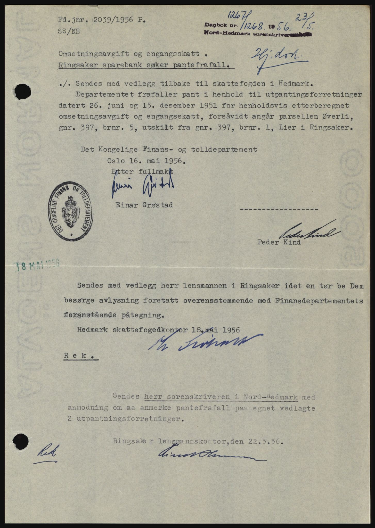 Nord-Hedmark sorenskriveri, SAH/TING-012/H/Hc/L0010: Pantebok nr. 10, 1955-1956, Dagboknr: 1267/1956