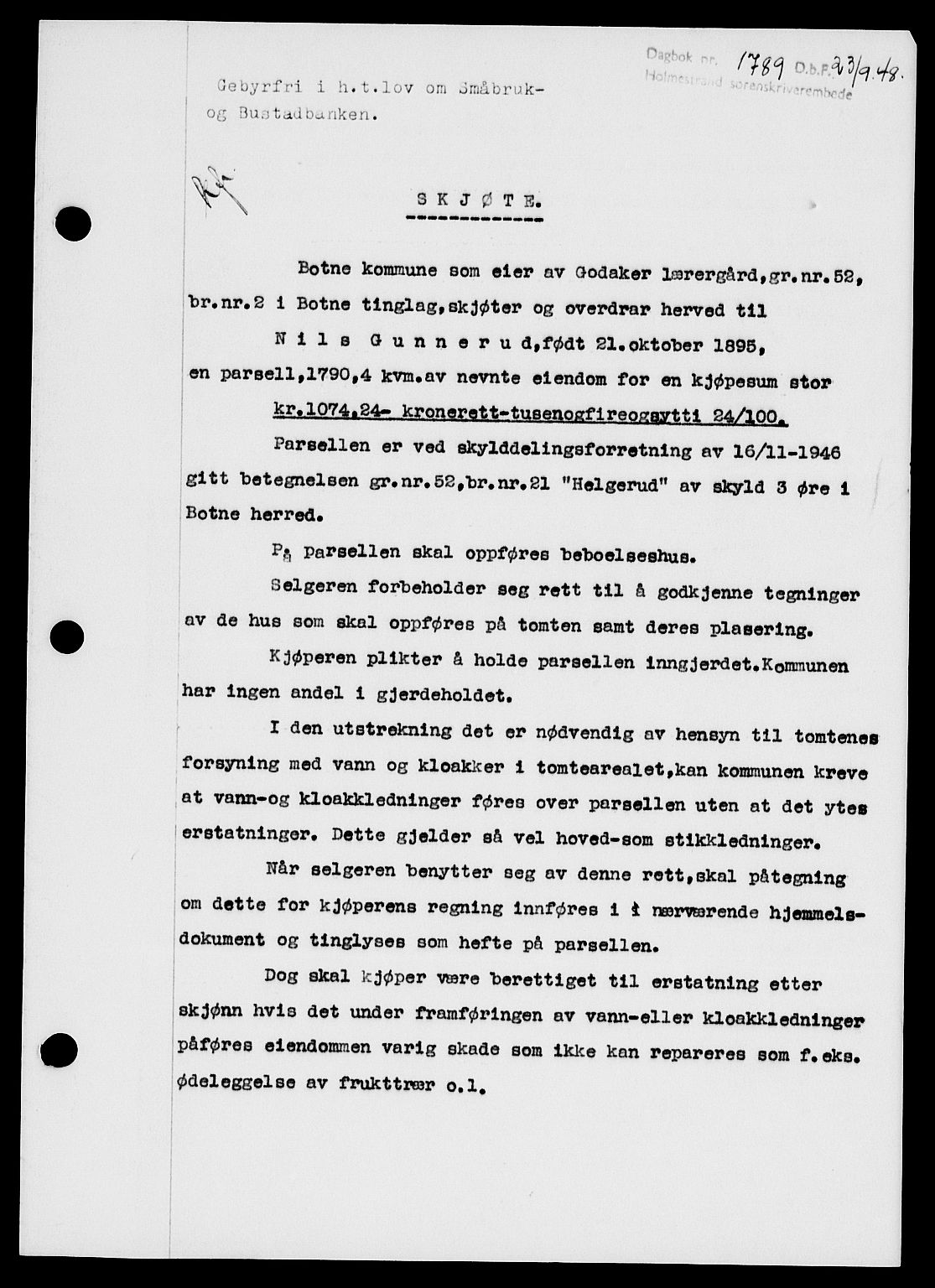 Holmestrand sorenskriveri, SAKO/A-67/G/Ga/Gaa/L0064: Pantebok nr. A-64, 1948-1948, Dagboknr: 1789/1948