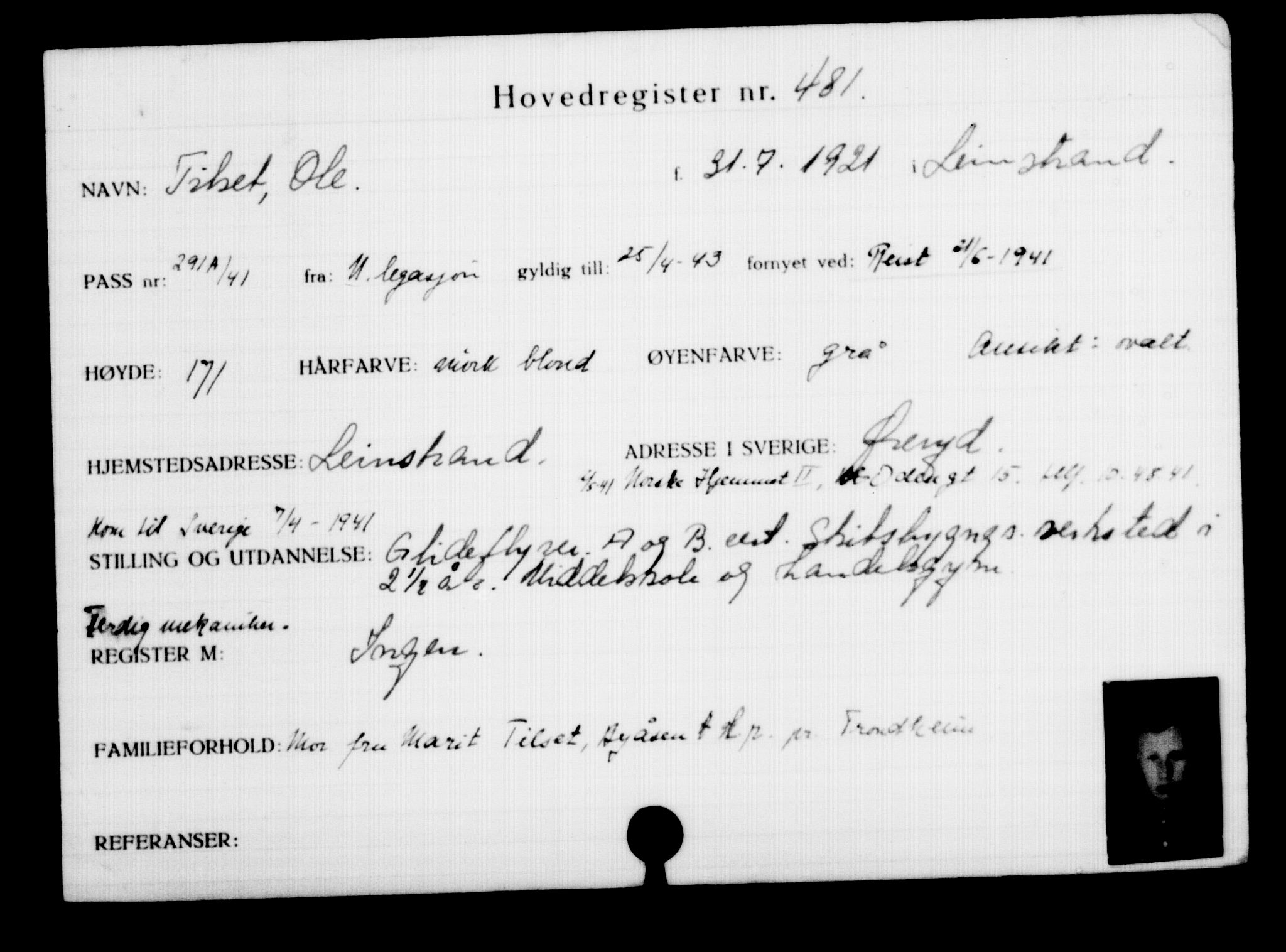 Utenriksstasjonene, Legasjonen i Stockholm, Flyktningkontoret, AV/RA-S-6753/V/Va/L0001: Kjesäterkartoteket, flyktninger med registreringsnr. 1-1000, 1940-1945, s. 745