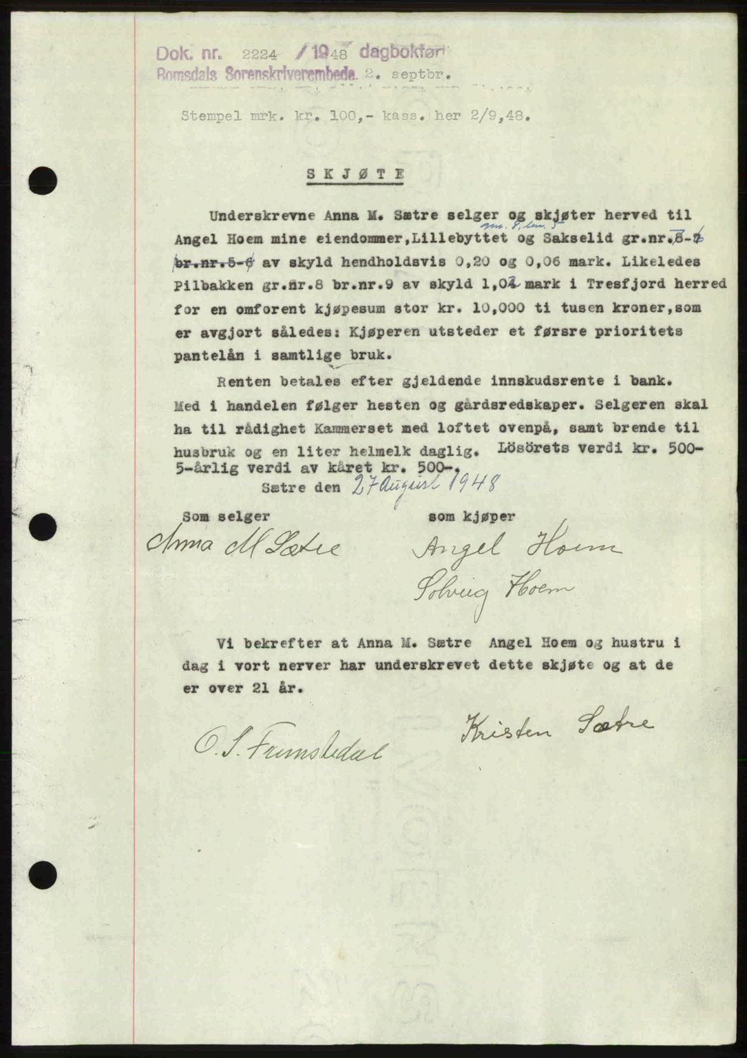 Romsdal sorenskriveri, SAT/A-4149/1/2/2C: Pantebok nr. A27, 1948-1948, Dagboknr: 2224/1948