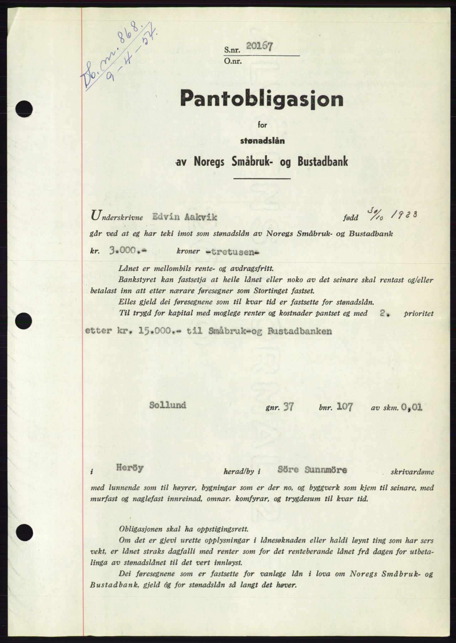 Søre Sunnmøre sorenskriveri, SAT/A-4122/1/2/2C/L0124: Pantebok nr. 12B, 1953-1954, Dagboknr: 868/1954