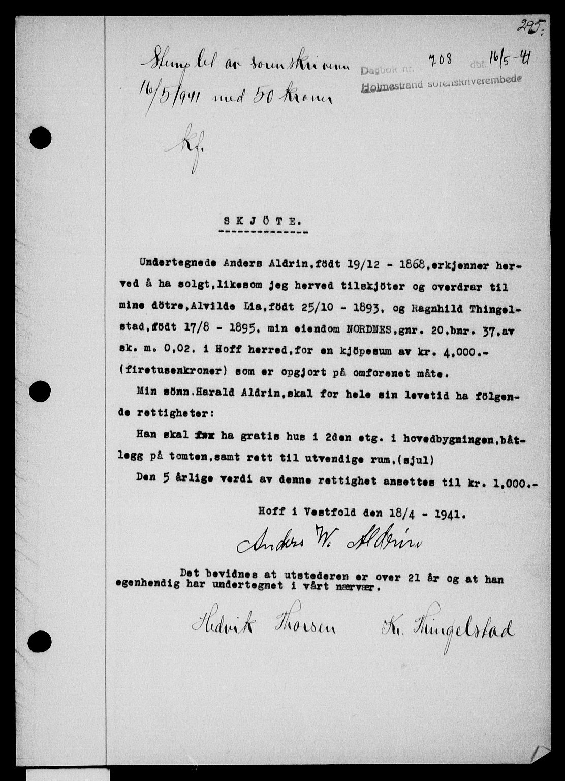 Holmestrand sorenskriveri, SAKO/A-67/G/Ga/Gaa/L0053: Pantebok nr. A-53, 1941-1941, Dagboknr: 708/1941