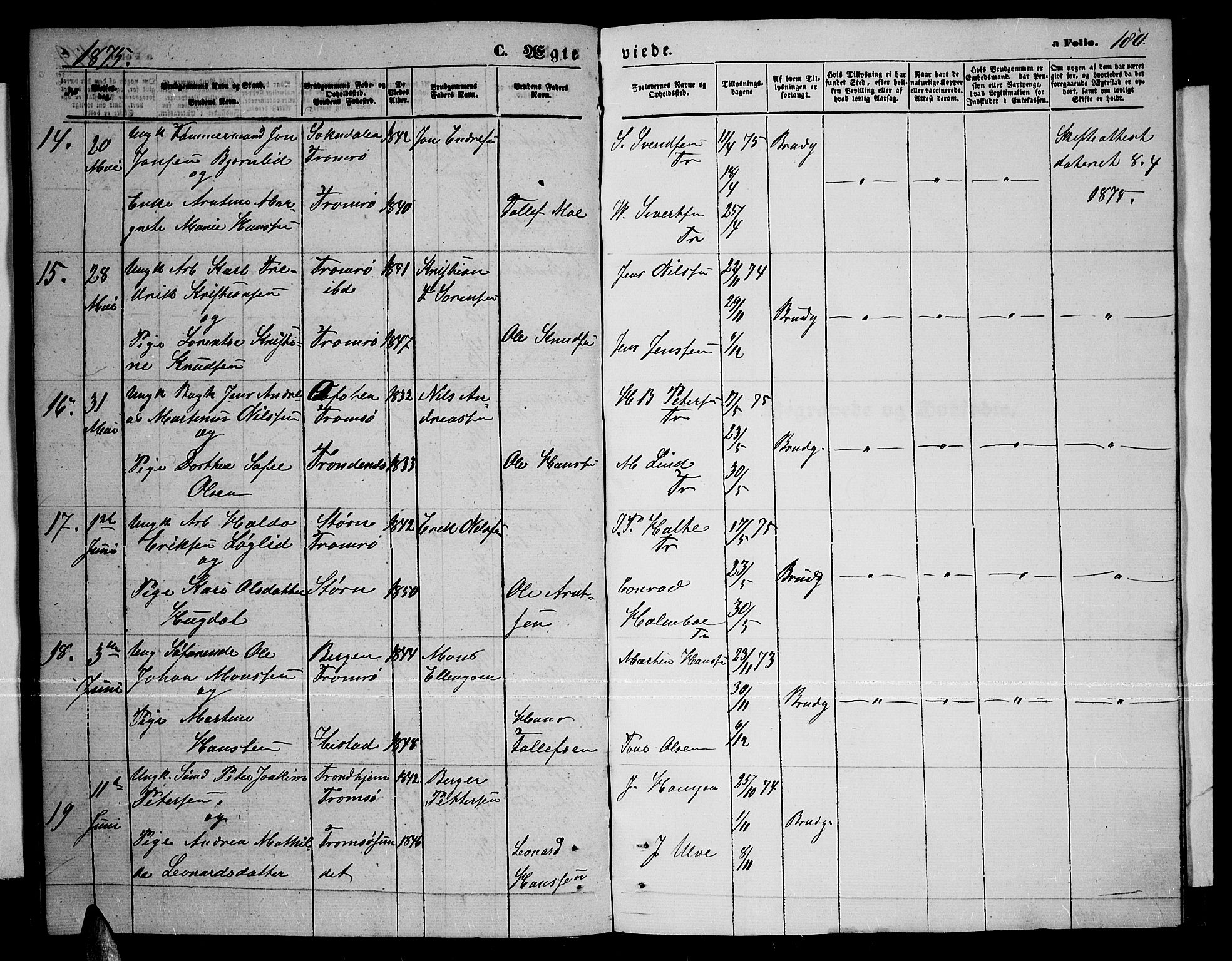 Tromsø sokneprestkontor/stiftsprosti/domprosti, SATØ/S-1343/G/Gb/L0007klokker: Klokkerbok nr. 7, 1867-1875, s. 180