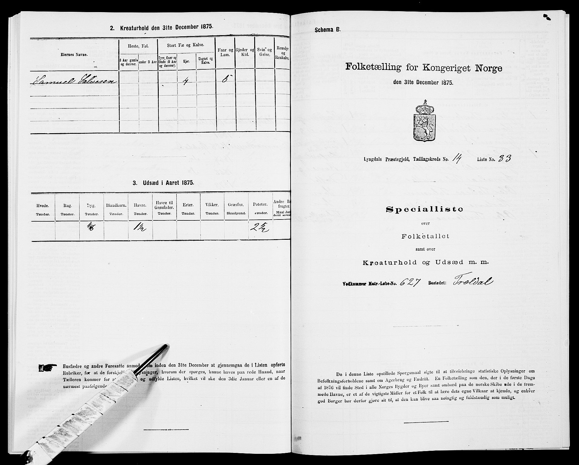 SAK, Folketelling 1875 for 1032P Lyngdal prestegjeld, 1875, s. 2081