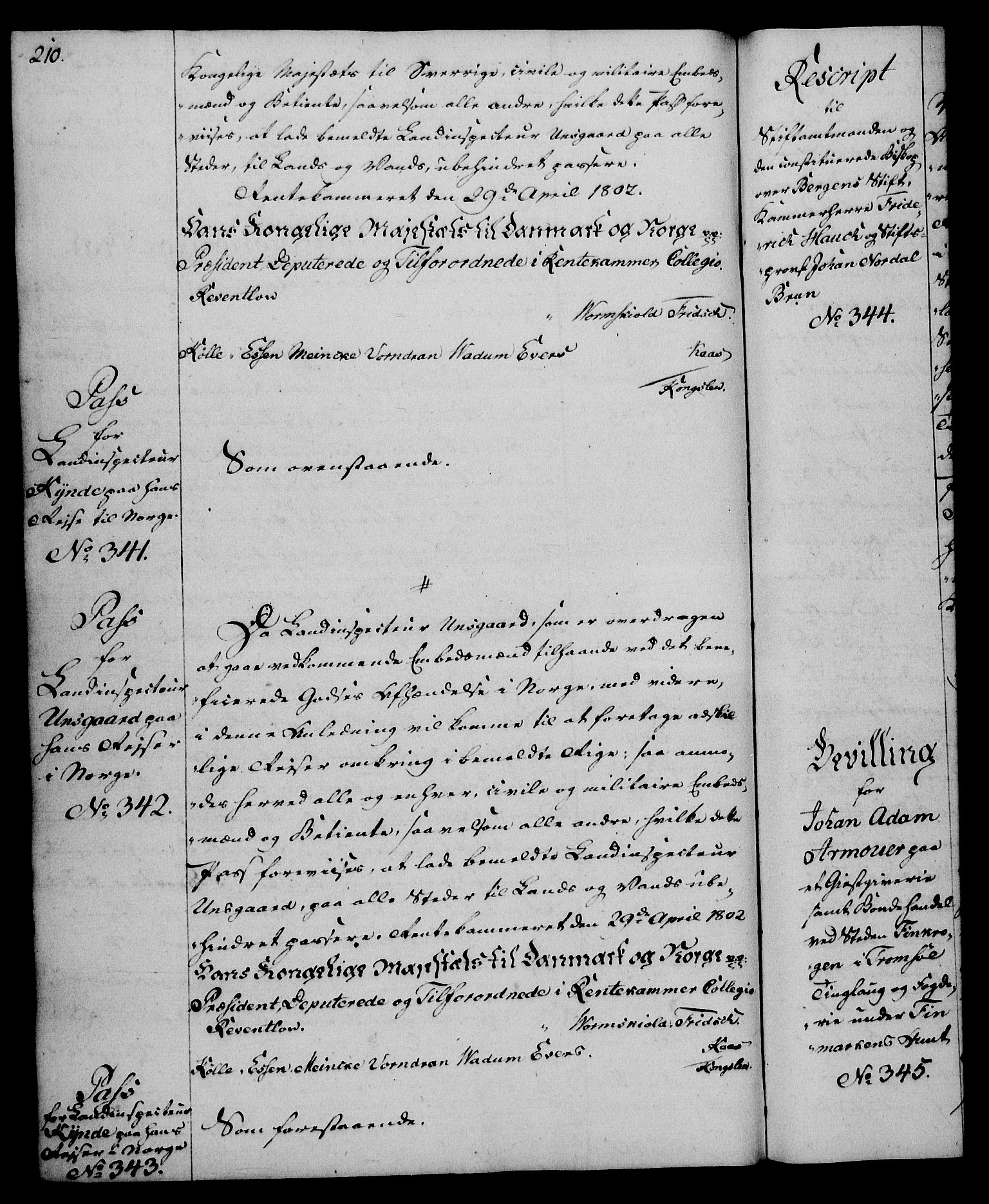 Rentekammeret, Kammerkanselliet, AV/RA-EA-3111/G/Gg/Gga/L0017: Norsk ekspedisjonsprotokoll med register (merket RK 53.17), 1801-1803, s. 210