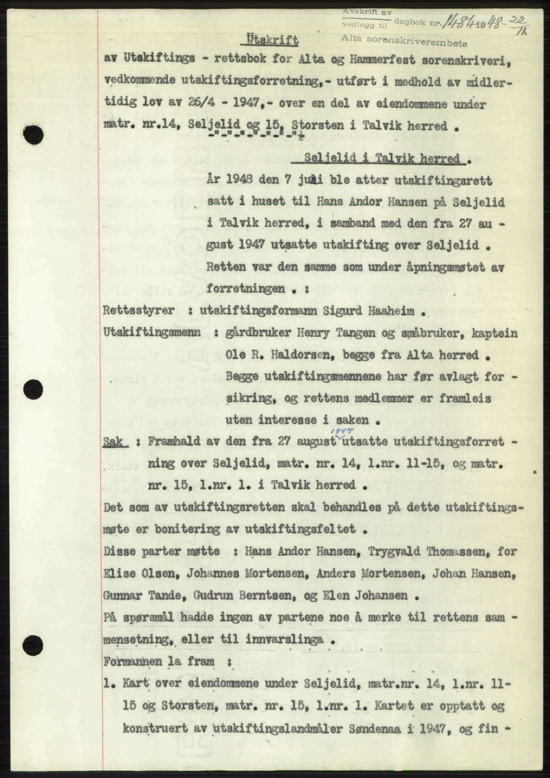 Alta fogderi/sorenskriveri, SATØ/SATØ-5/1/K/Kd/L0037pantebok: Pantebok nr. 39-40, 1948-1949, Dagboknr: 1484/1948