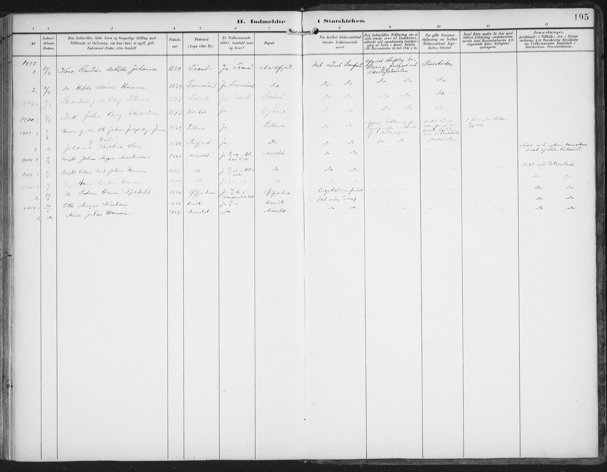 Lenvik sokneprestembete, AV/SATØ-S-1310/H/Ha/Haa/L0015kirke: Ministerialbok nr. 15, 1896-1915, s. 195