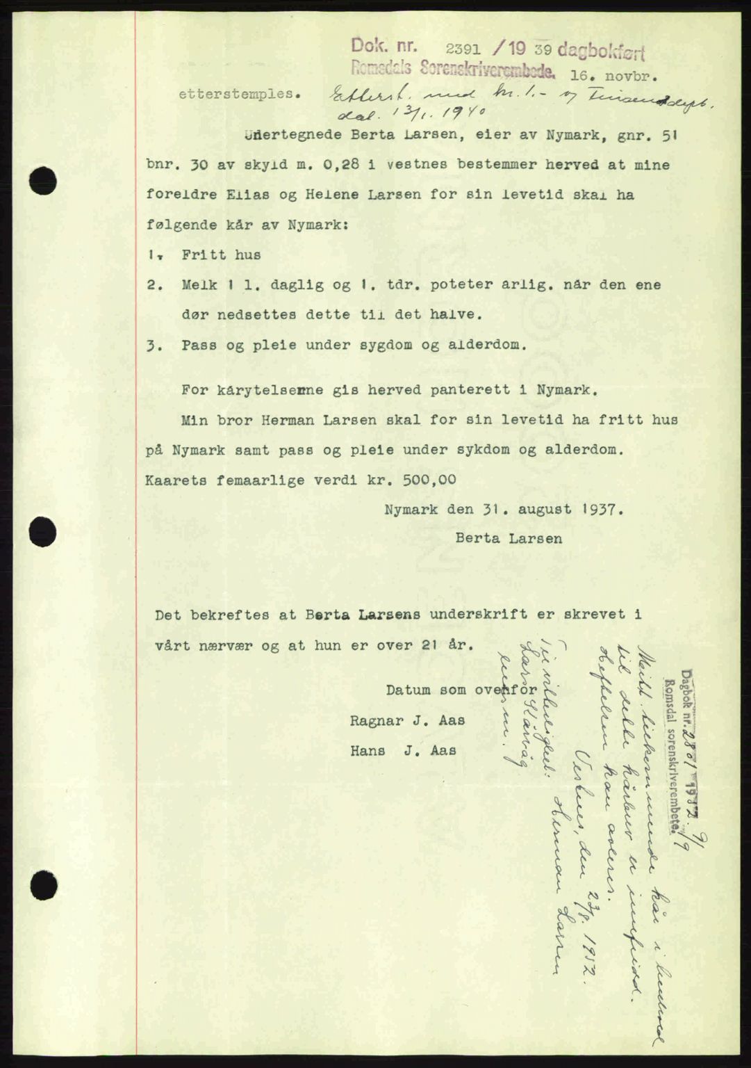 Romsdal sorenskriveri, AV/SAT-A-4149/1/2/2C: Pantebok nr. A7, 1939-1939, Dagboknr: 2391/1939