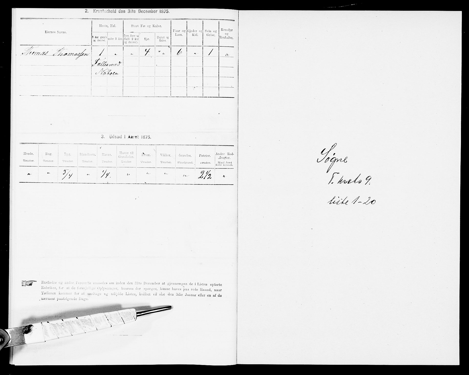 SAK, Folketelling 1875 for 1018P Søgne prestegjeld, 1875, s. 739