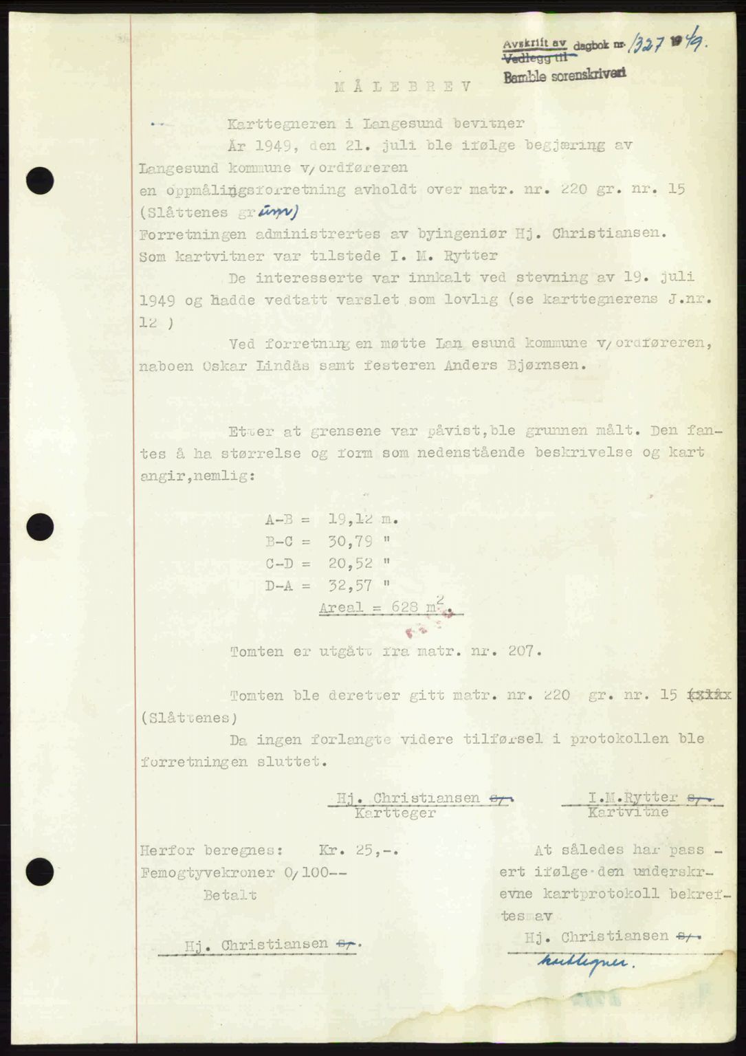 Bamble sorenskriveri, SAKO/A-214/G/Ga/Gag/L0015: Pantebok nr. A-15, 1949-1949, Dagboknr: 1327/1949