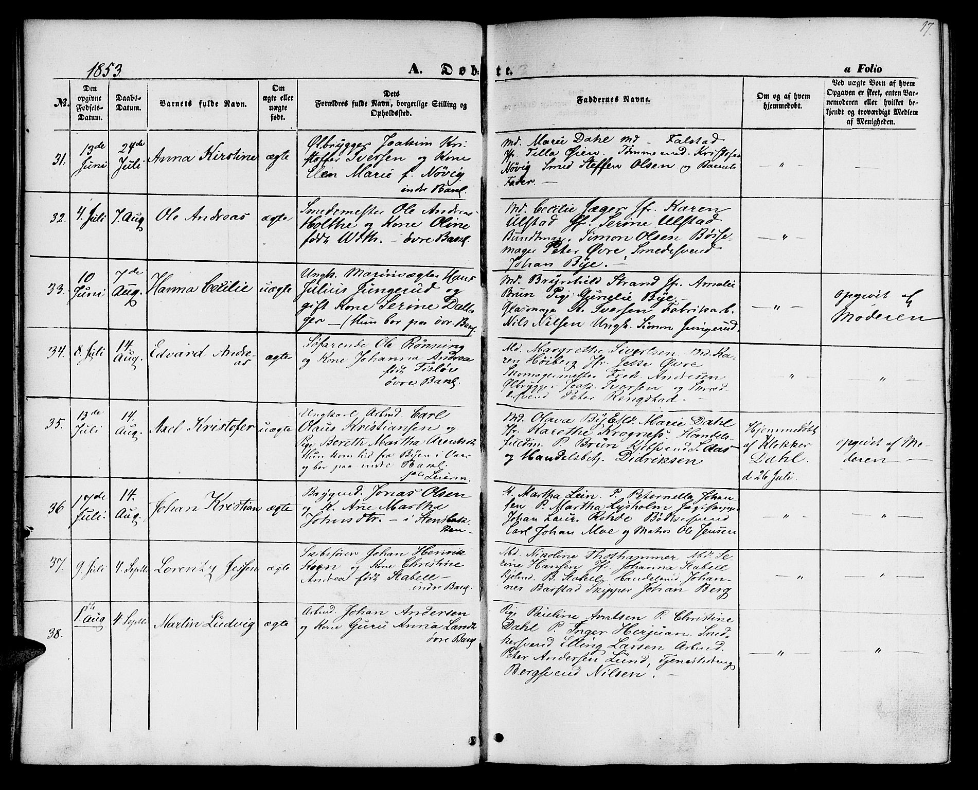 Ministerialprotokoller, klokkerbøker og fødselsregistre - Sør-Trøndelag, SAT/A-1456/604/L0184: Ministerialbok nr. 604A05, 1851-1860, s. 17
