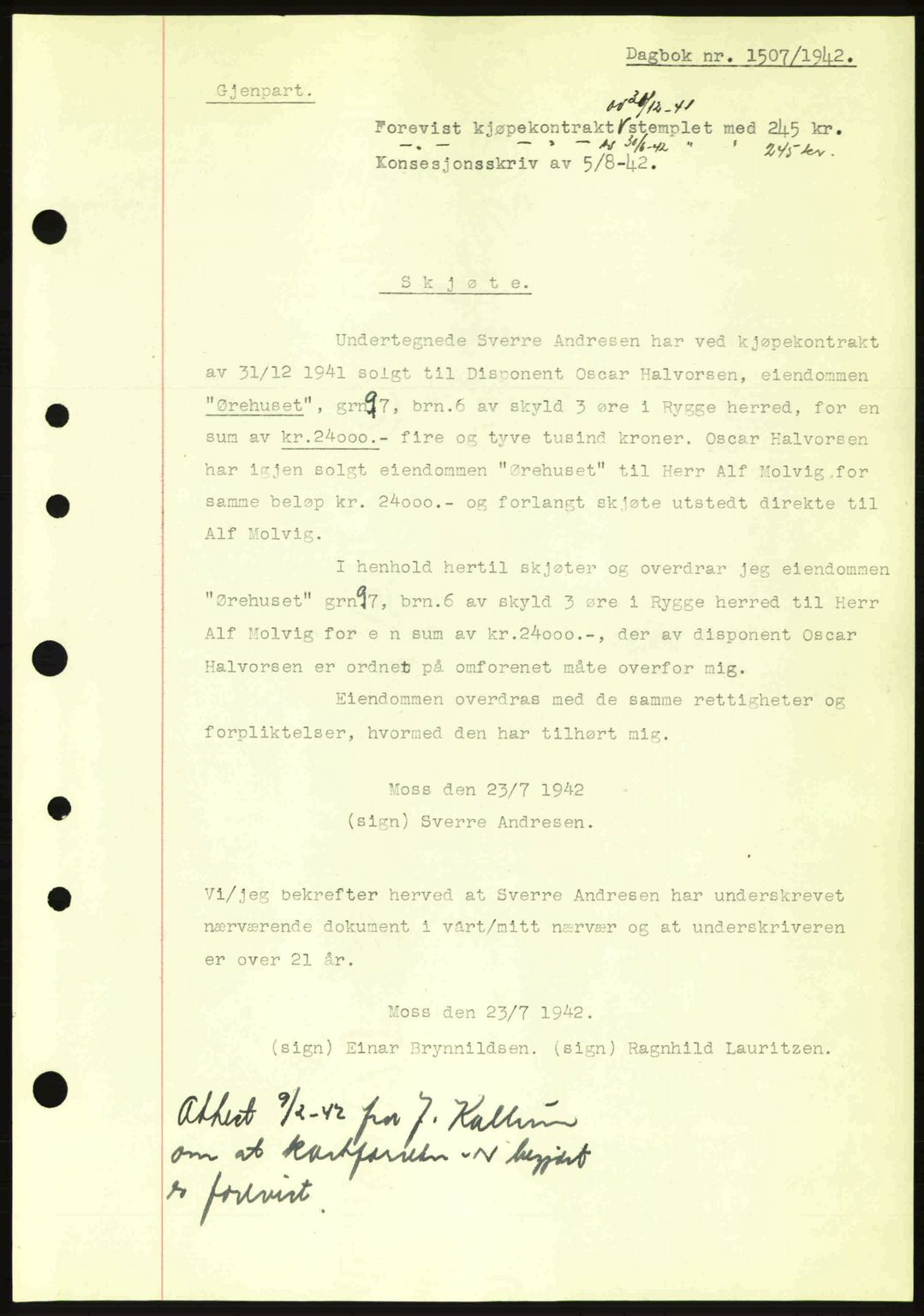 Moss sorenskriveri, SAO/A-10168: Pantebok nr. A10, 1942-1943, Dagboknr: 1507/1942