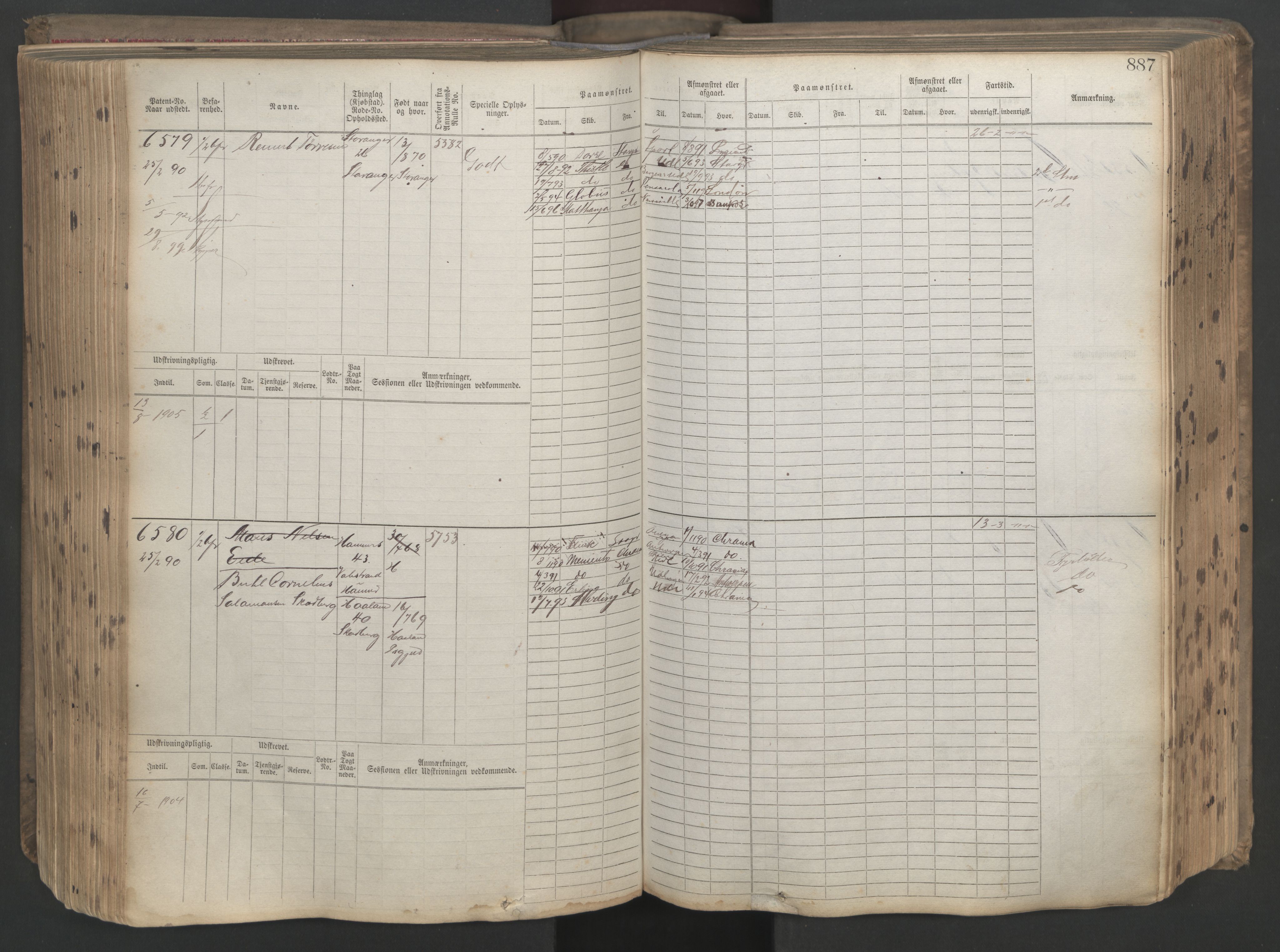 Stavanger sjømannskontor, AV/SAST-A-102006/F/Fb/Fbb/L0021: Sjøfartshovedrulle patnentnr. 6005-7204 (dublett), 1887, s. 292