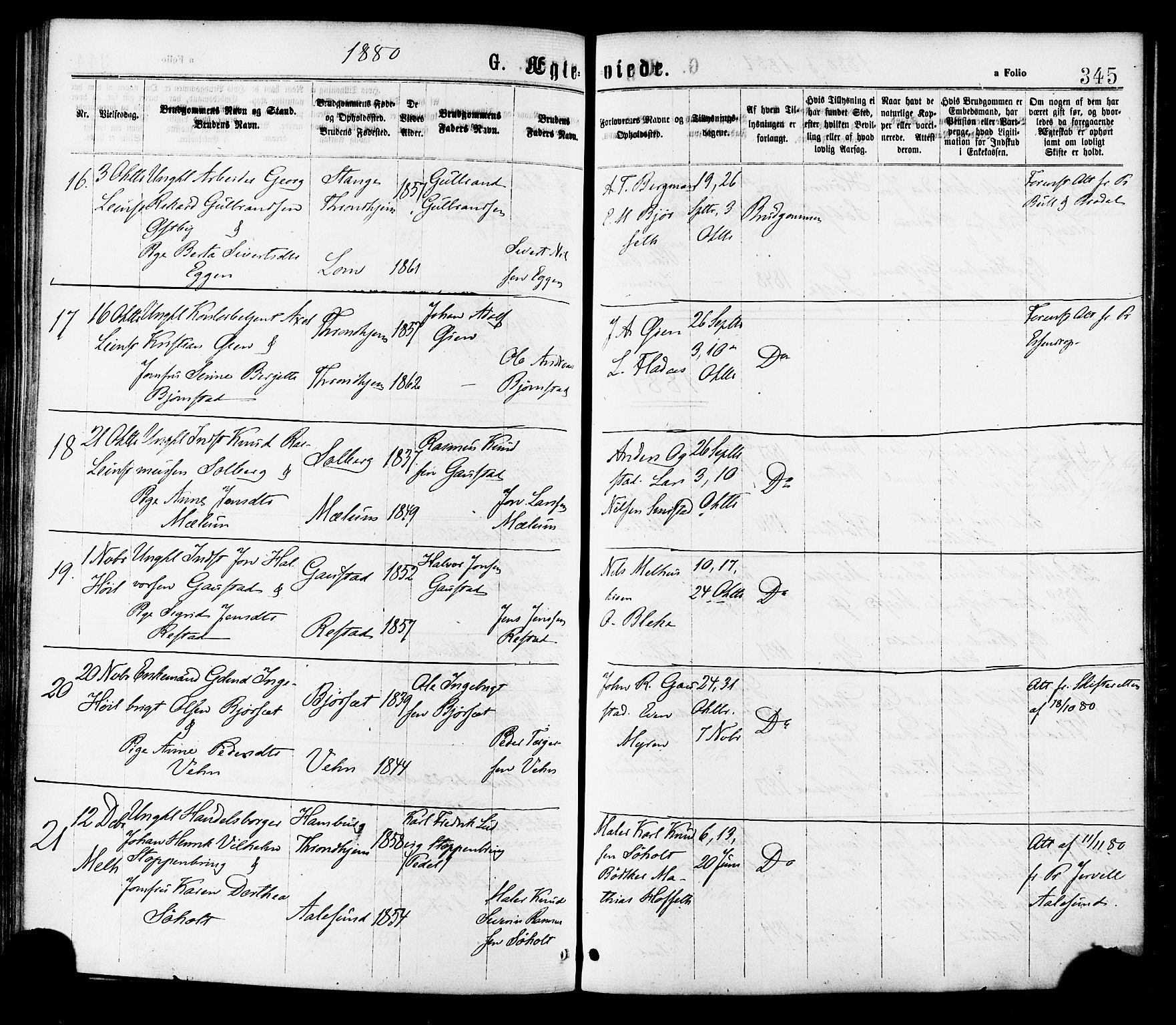 Ministerialprotokoller, klokkerbøker og fødselsregistre - Sør-Trøndelag, AV/SAT-A-1456/691/L1079: Ministerialbok nr. 691A11, 1873-1886, s. 345