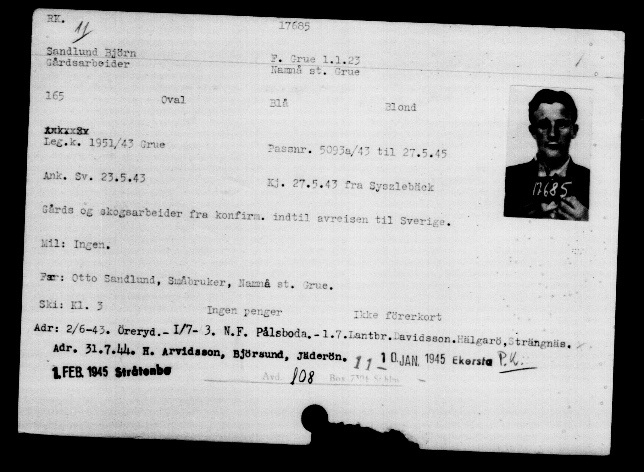 Utenriksstasjonene, Legasjonen i Stockholm, Flyktningkontoret, AV/RA-S-6753/V/Va/L0008: Kjesäterkartoteket, flyktninger med registreringsnr. 15700-18547, 1940-1945, s. 2200