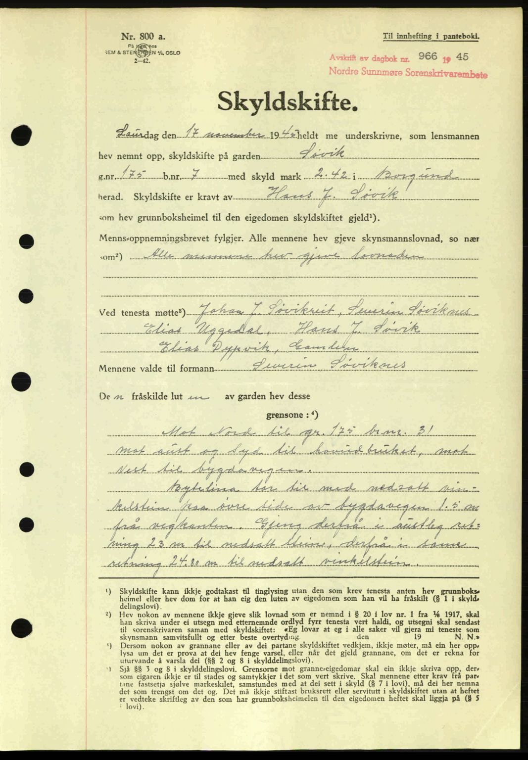 Nordre Sunnmøre sorenskriveri, AV/SAT-A-0006/1/2/2C/2Ca: Pantebok nr. A20a, 1945-1945, Dagboknr: 966/1945